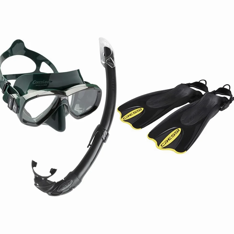 Cressi Combo Set Perla Conjunto Combinado de máscara de Buceo y Snorkel, Mar de Perlas, Unisex-Adulto, Verde/Negro, Talla Única + Palau SAF Aletas, Unisex, Negro/Amarillo, M-L (41-44)