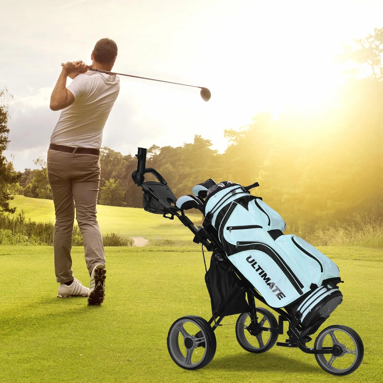 GYMAX Carro de Golf Plegable 3 Ruedas con Altura Ajustable y Portabebidas