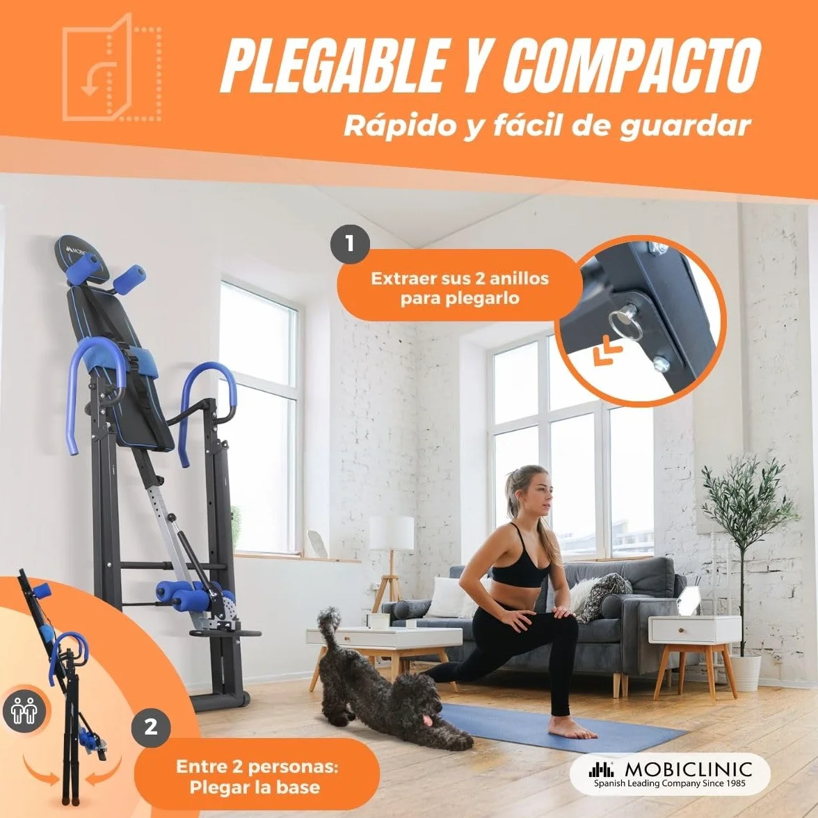 Mobiclinic® fitness, Tabla de inversión, Plegable, Inclinación 180º, Hasta 120 kg, Regulable, Cojín lumbar y reposacabezas, Cuatro sistemas seguridad, Estiramientos abdominales, Acero