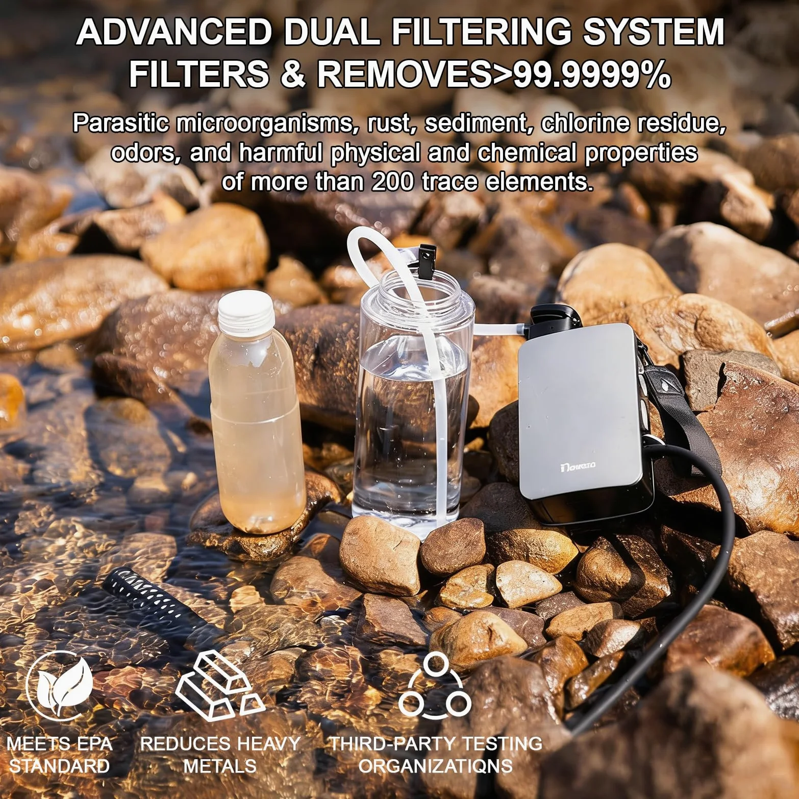 Bomba de filtro de agua eléctrica portátil, purificador de agua de 0.01 micras, sistema de filtración de agua de supervivencia para senderismo, camping, viajes y emergencias.