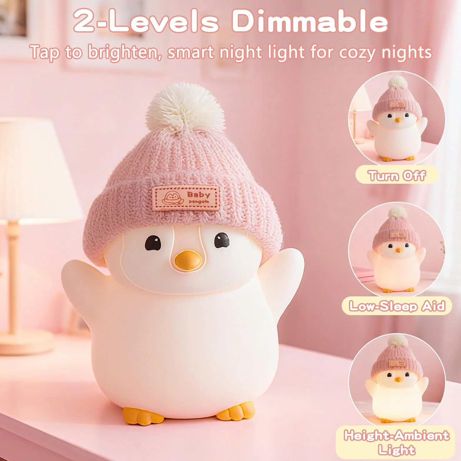 FAMIDUO Luz Nocturna Bebe Pingüino de Silicona con Control Táctil LED Recargable Temporizador 20 Minutos
