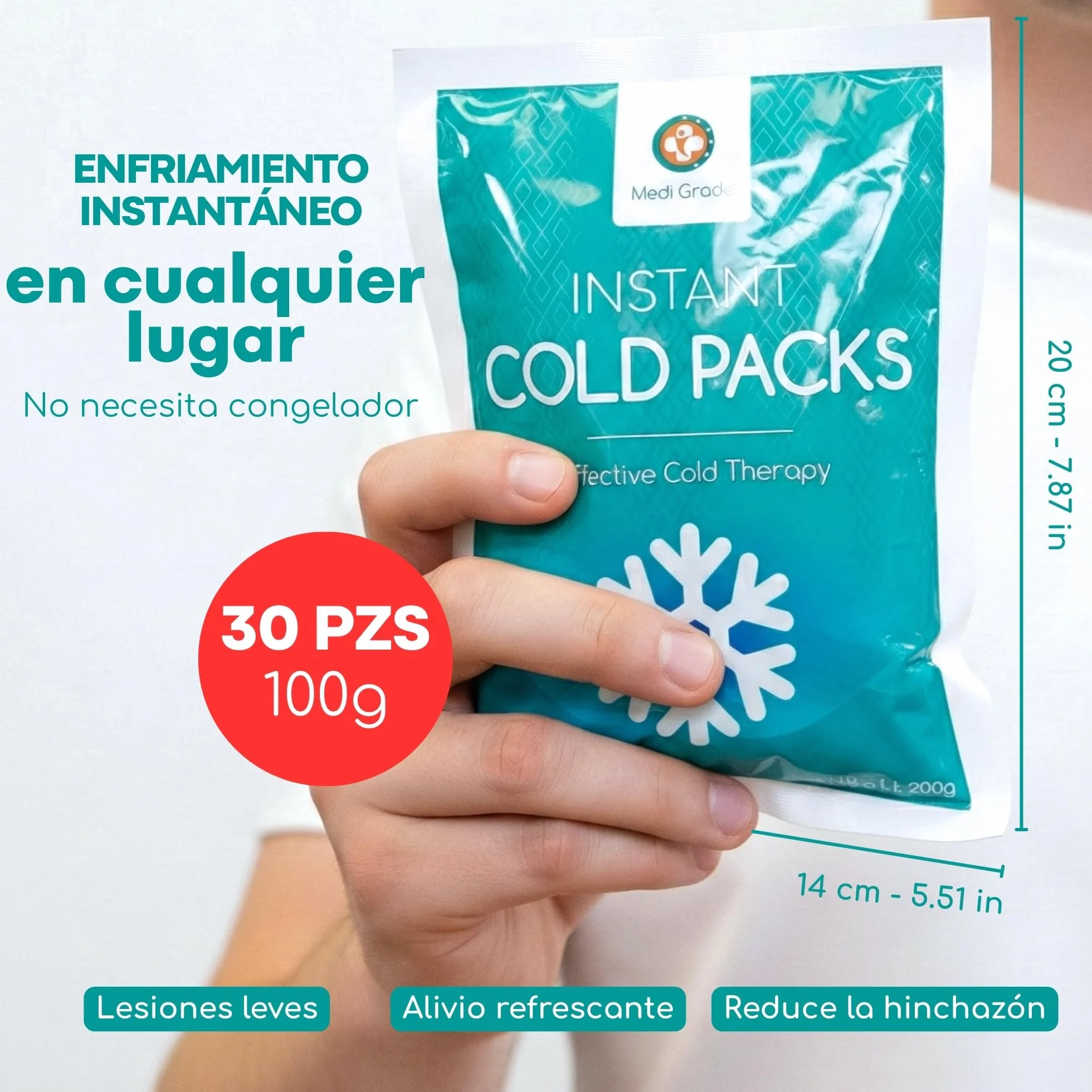 Medi Grade Bolsas de Frío Instantáneo 30 uds 100 g, Alivio Rápido Sin Frigorífico, 11,43x15,24 cm