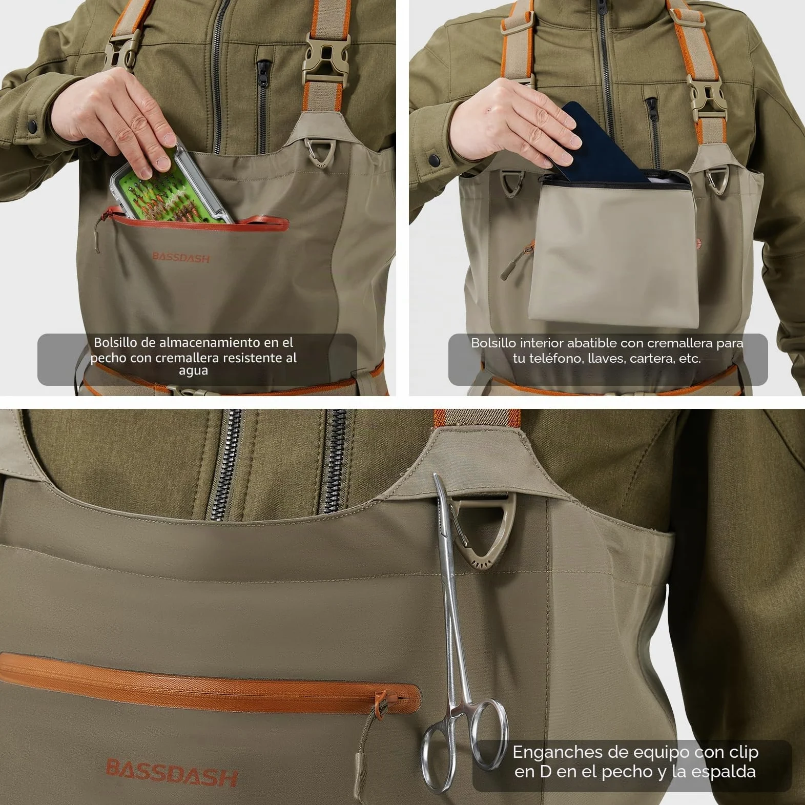 Bassdash Vadeadores para Hombre IMMERSE Tan Vadeadores Impermeables y Transpirables para la Pesca con Mosca Vadeadores de Pecho para la Caza Ligeros