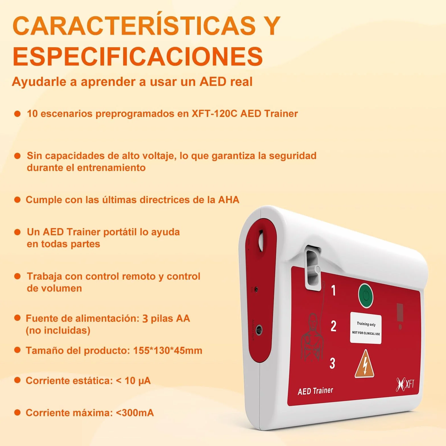 XFT-120C AED Trainer Portátil Desfibrilador de Entrenamiento Bilingüe Español Inglés Control Remoto 10 Escenarios