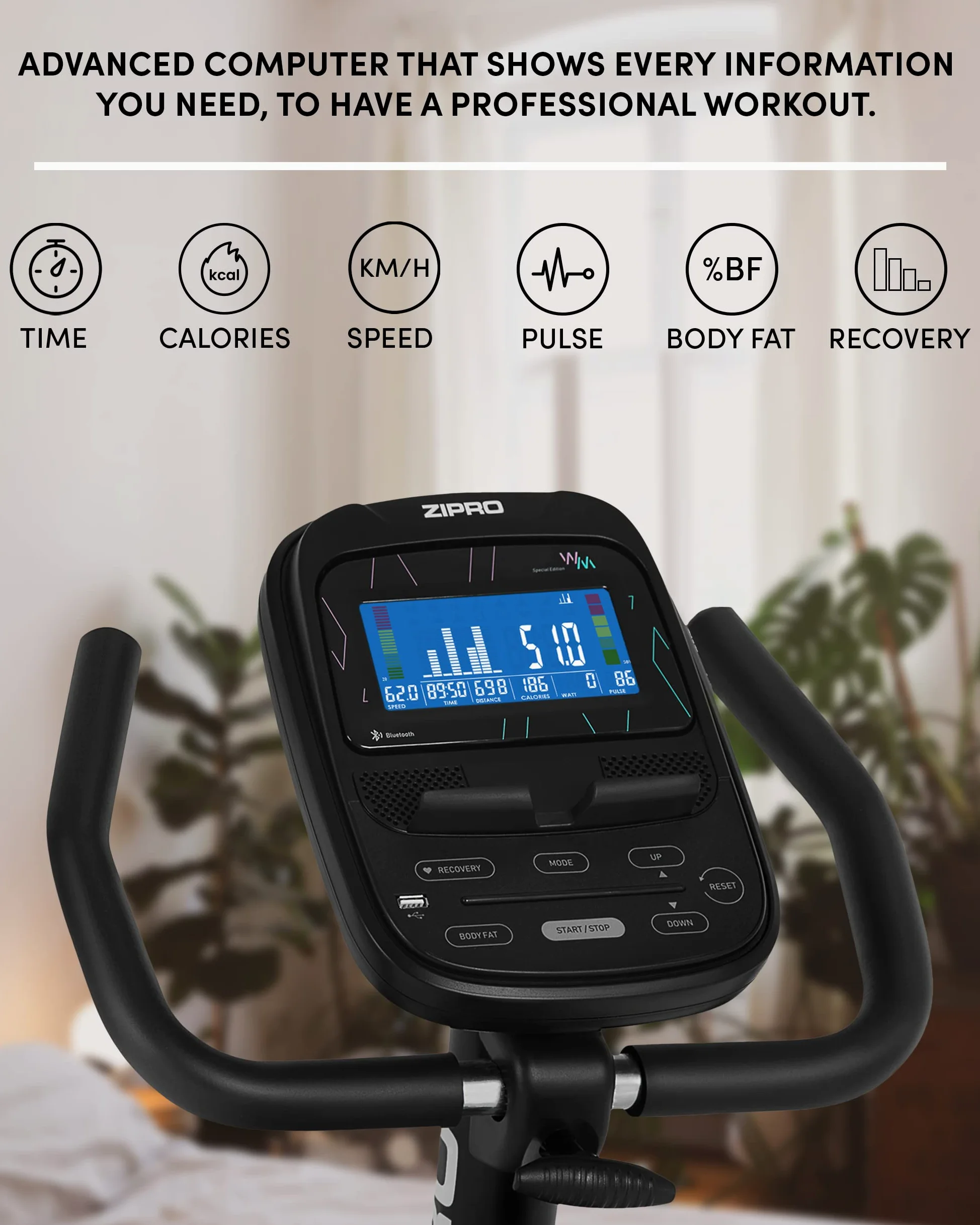 Zipro Bicicleta de entrenamiento en casa Iconsole+ Glow, Bicicletas estáticas, Bicicleta magnética de entrenamiento, Bicicleta ergométrica 150kg, Bicicleta de interior, Bicicleta de entrenamiento