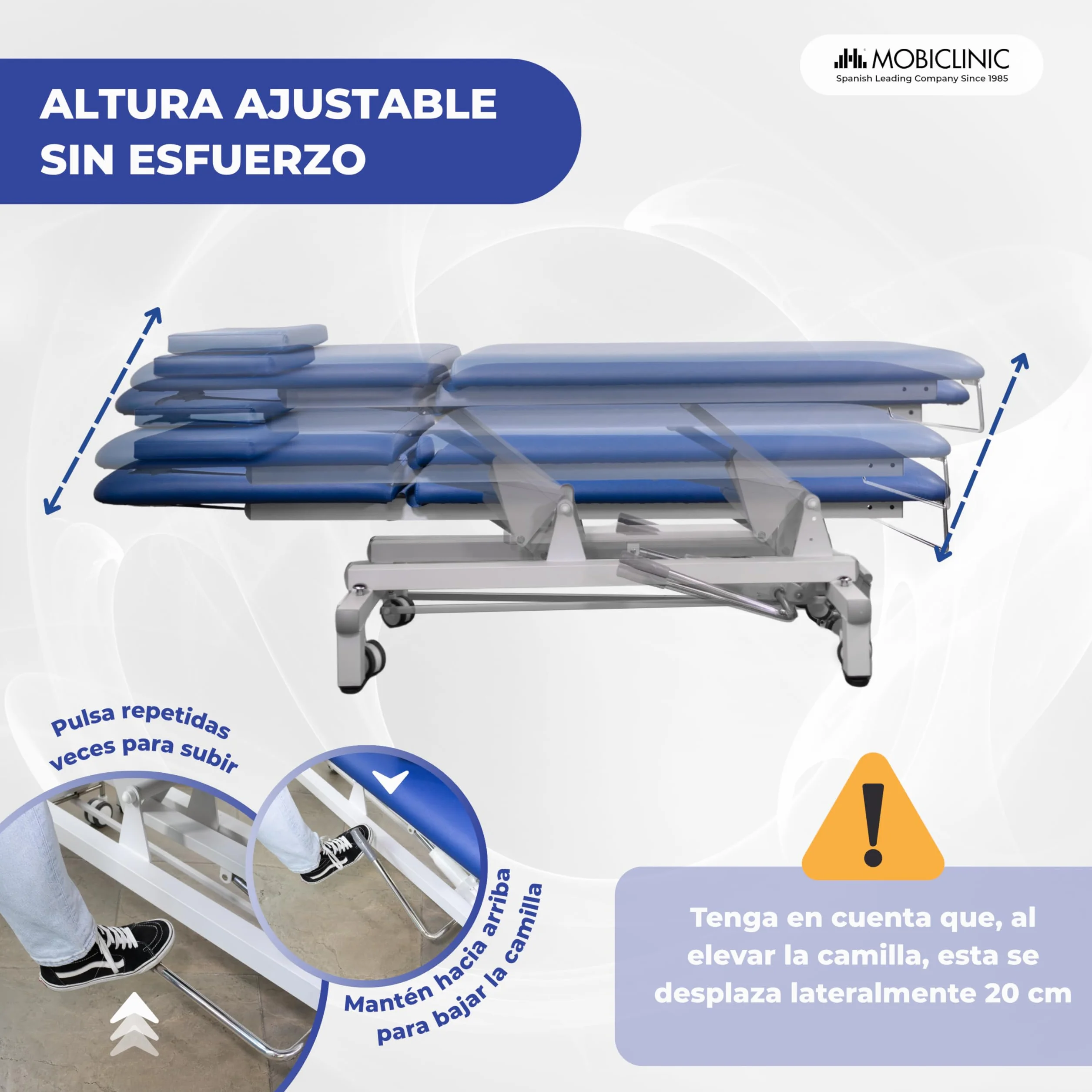 Mobiclinic® Camilla Hidráulica Dos Cuerpos Ajustable en Altura 180 Kg Respaldo Reclinable 194x70x83 cm Ruedas Escamoteables Masaje Estética