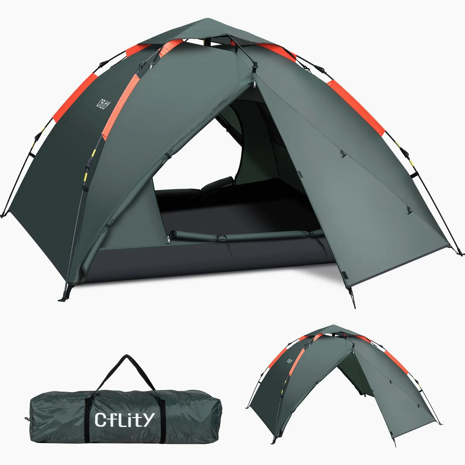 Cflity Tienda de Campaña, 3 Personas Tienda Instantánea Automática, Tienda Impermeable de Tres Capa, Carpa Grande y Ligera para 4 Estaciones, Carpa de Mochilero con 2 Porches Extensibles para Camping