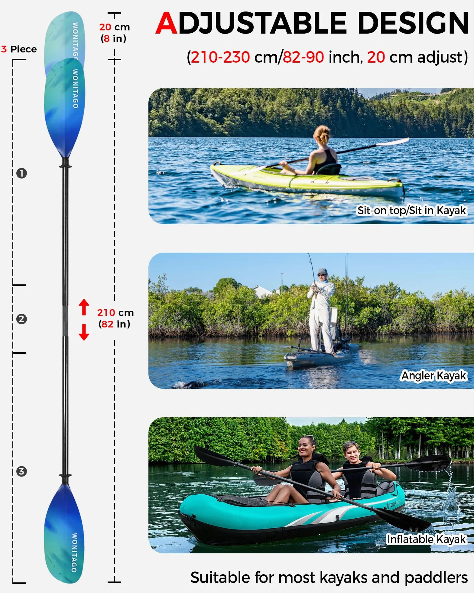 Palas de kayak de fibra de carbono con cuchillas de nailon, remos flotantes ajustables para kayak, 3 piezas, 210-230 cm, azul degradado