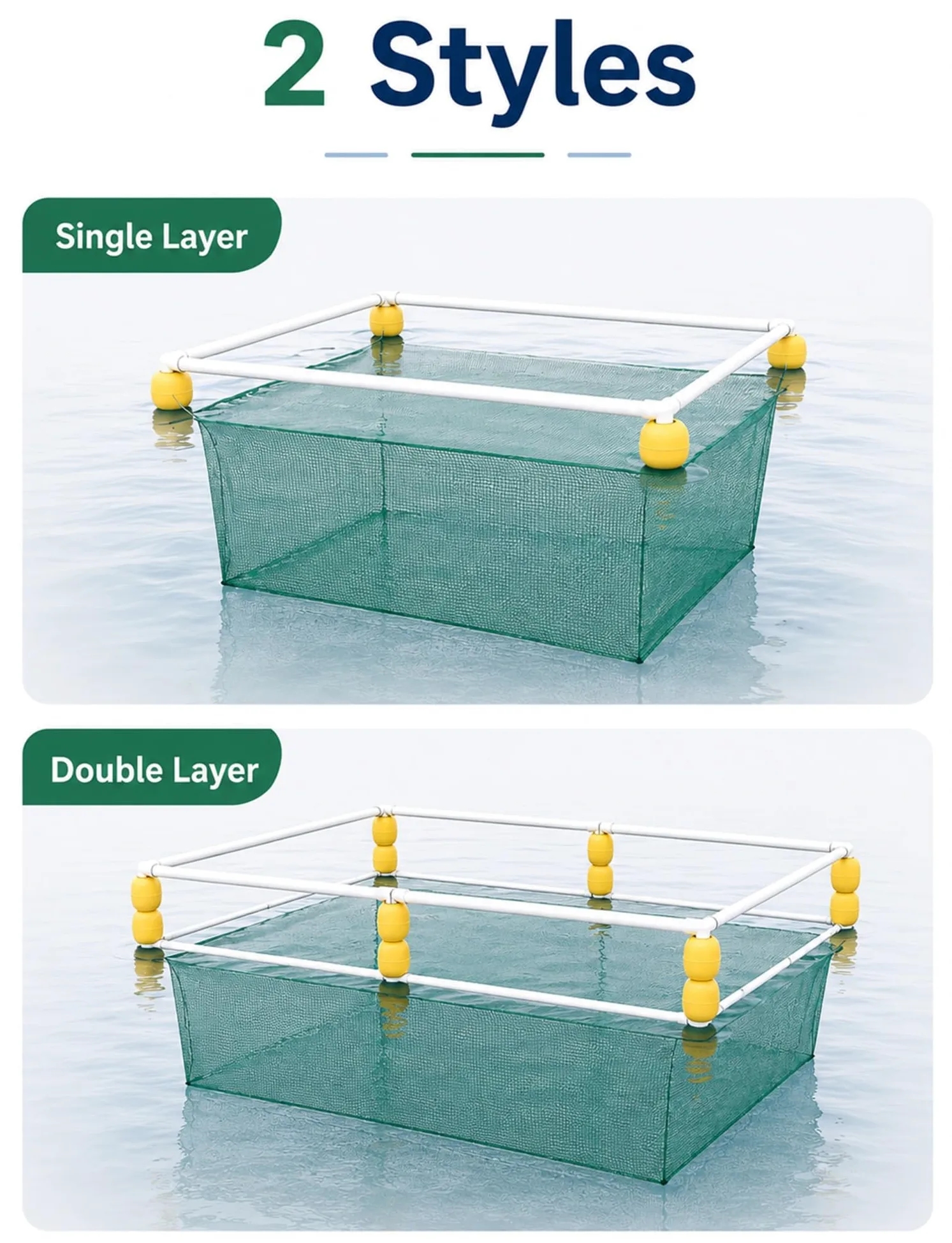 Red Flotante para Peces con Tapa, Malla de 3 mm y Malla Superior de 8 mm | Marco de tubo de PVC for cesta de peces de una o doble piso, flotadores de espuma for estanque