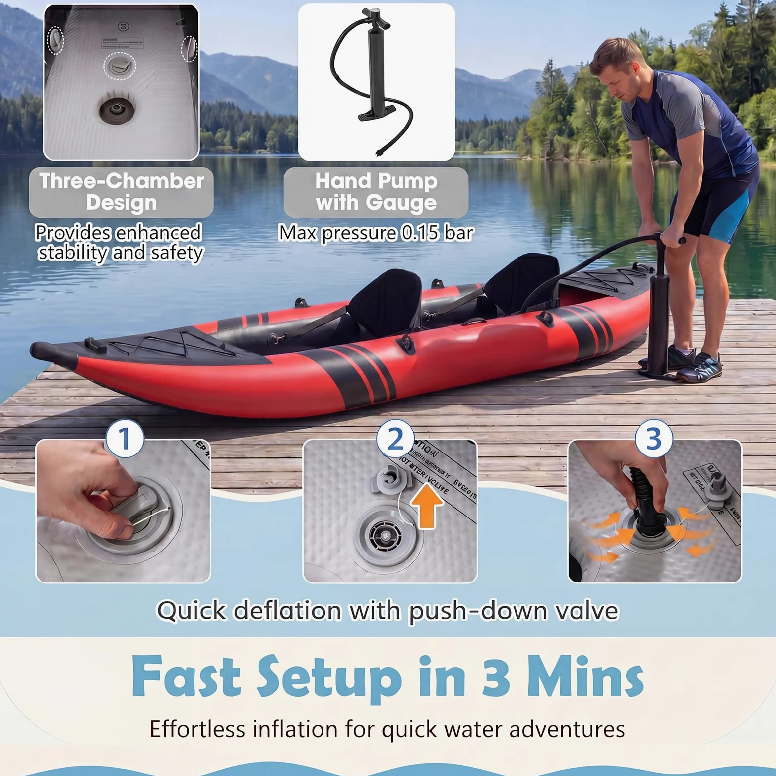 GYMAX Kayak Inflable, Kayak tándem de 12.5 pies y 230 kg con 2 paletas de Aluminio, 2 Asientos Acolchados, reposapiés, 2 Aletas, Bomba de Mano, Bolsa de Transporte y Kit de reparación, Kayak de Pesca
