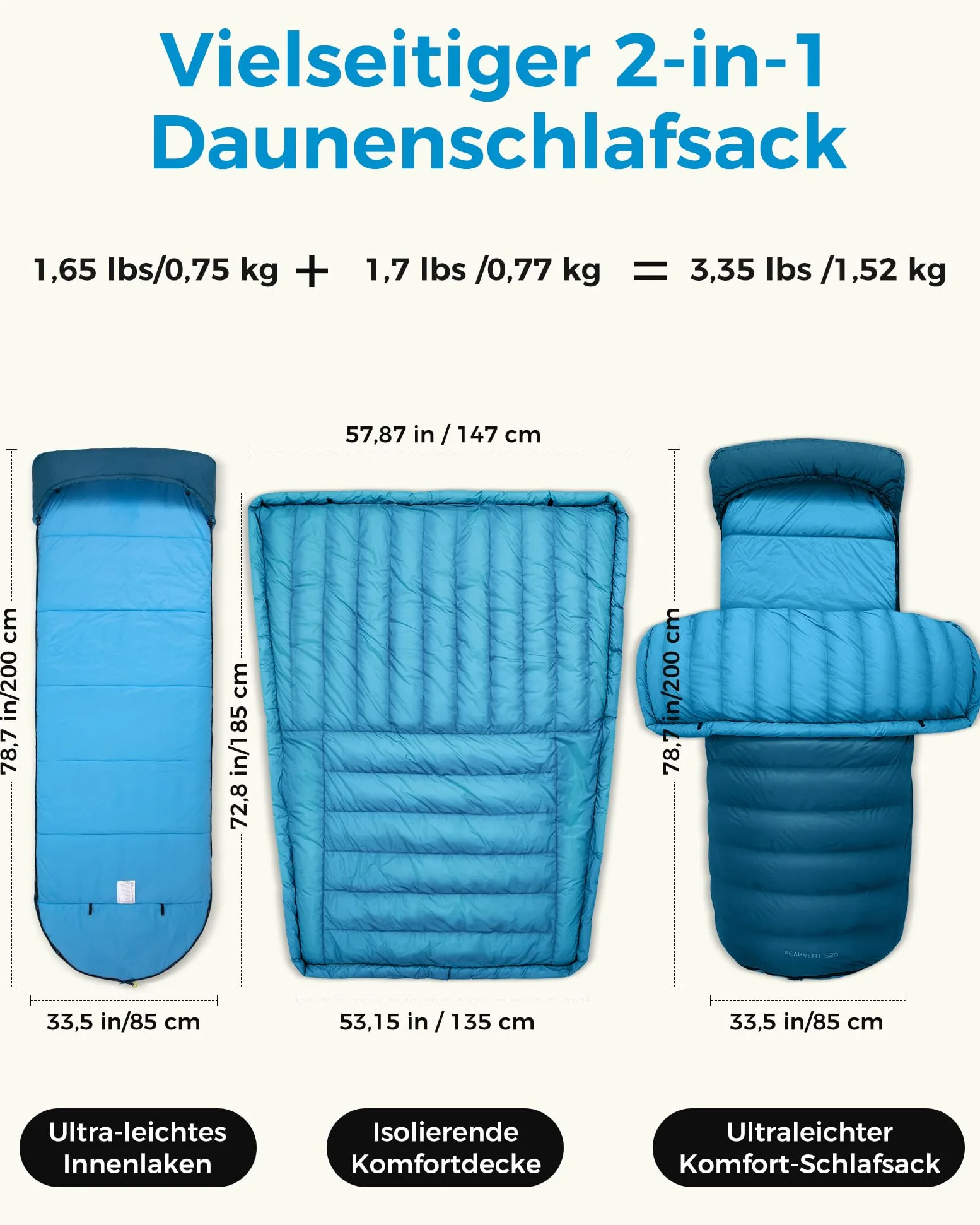 ATEPA Saco de dormir de invierno, 3 en 1, saco de dormir para exteriores, tamaño pequeño, XXL, 4 estaciones, cálido saco de dormir de plumón, impermeable, ideal para adultos en viajes, aventuras y