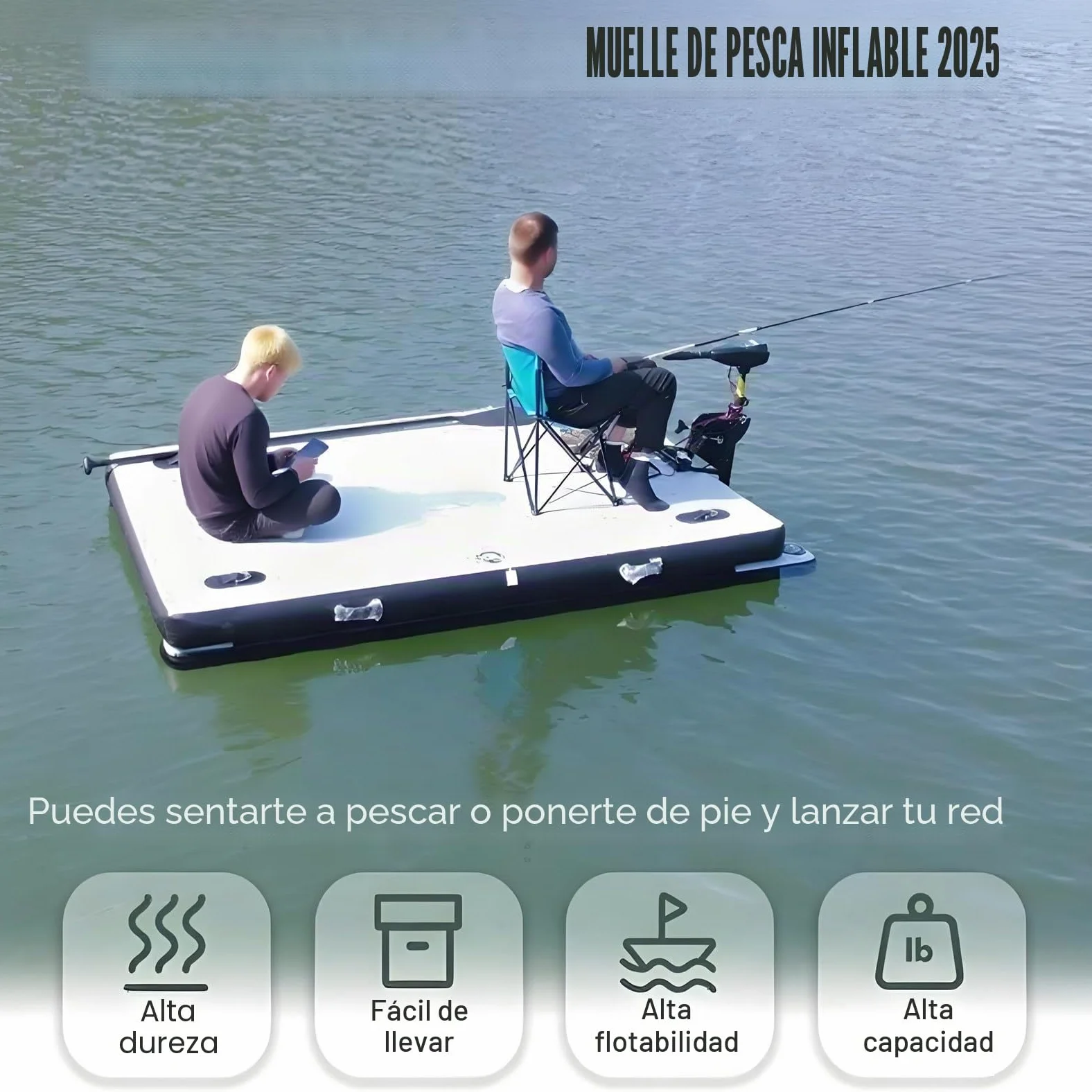 Pontón flotante inflable de alta capacidad 200 kg espesor 30 cm con hélices para pesca y actividades acuáticas al aire libre