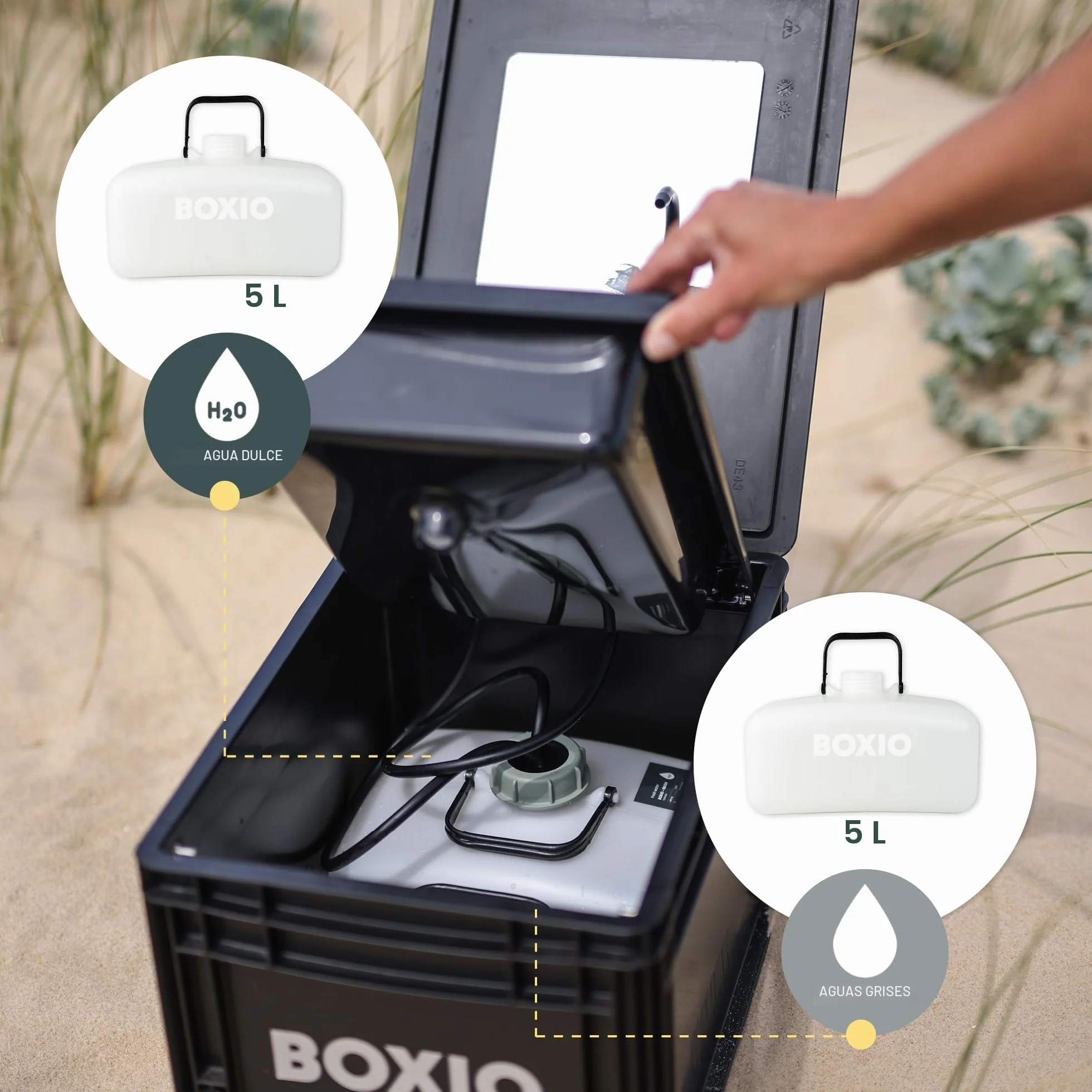 BOXIO Lavabo Portátil Camping con Bomba de Agua Manual, Fregadero para Furgoneta, Grifo Portatil Camping, Fregadero de Jardín, Lavamanos Portatil, Lavabo Caravana de Plástico Negro, 400 x 300 mm