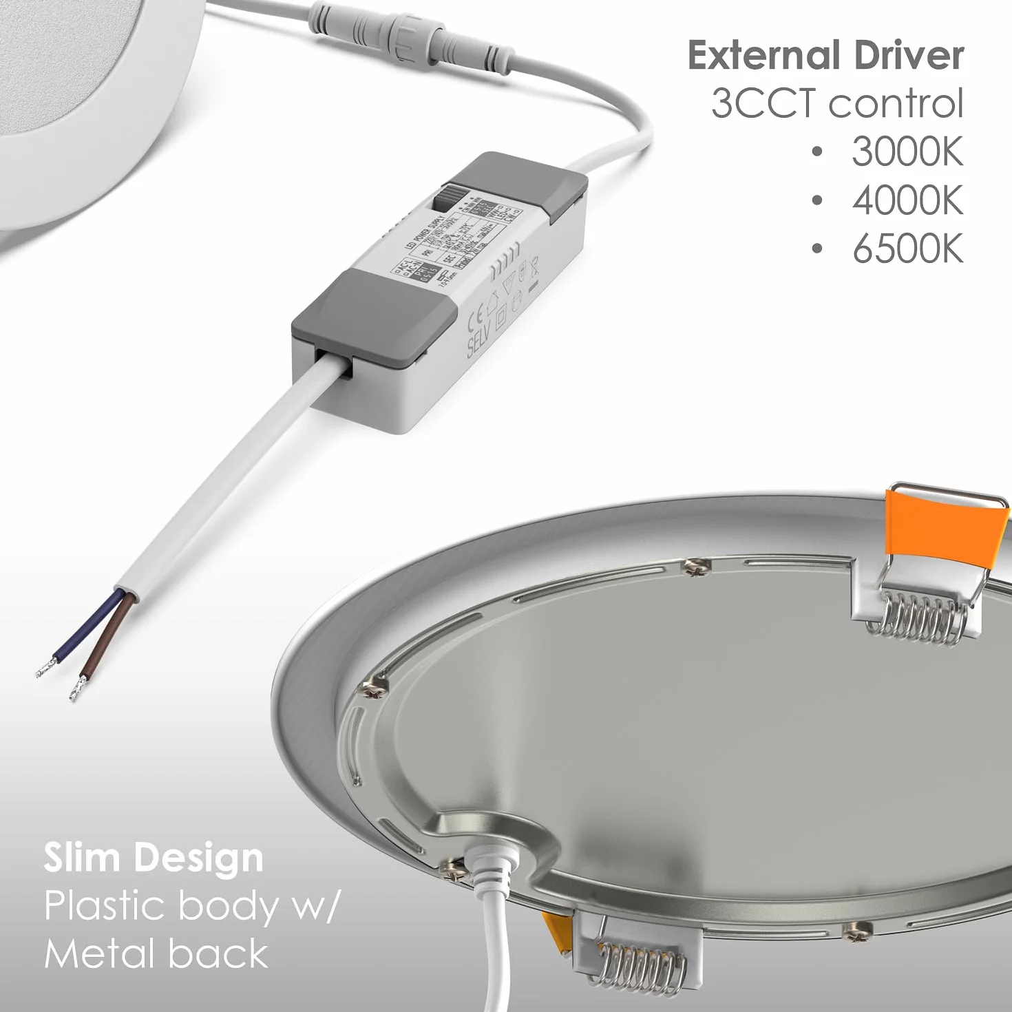 TRAXON LUXPOINT® Downlight LED Empotrable Slim 20W 3CCT 3000K/4000K/6500K con Driver Externo, Panel LED Redondo Ø224mm Corte 205-210mm, Foco LED Techo Interior 120° 220-240V (Blanco, 20W CCT)