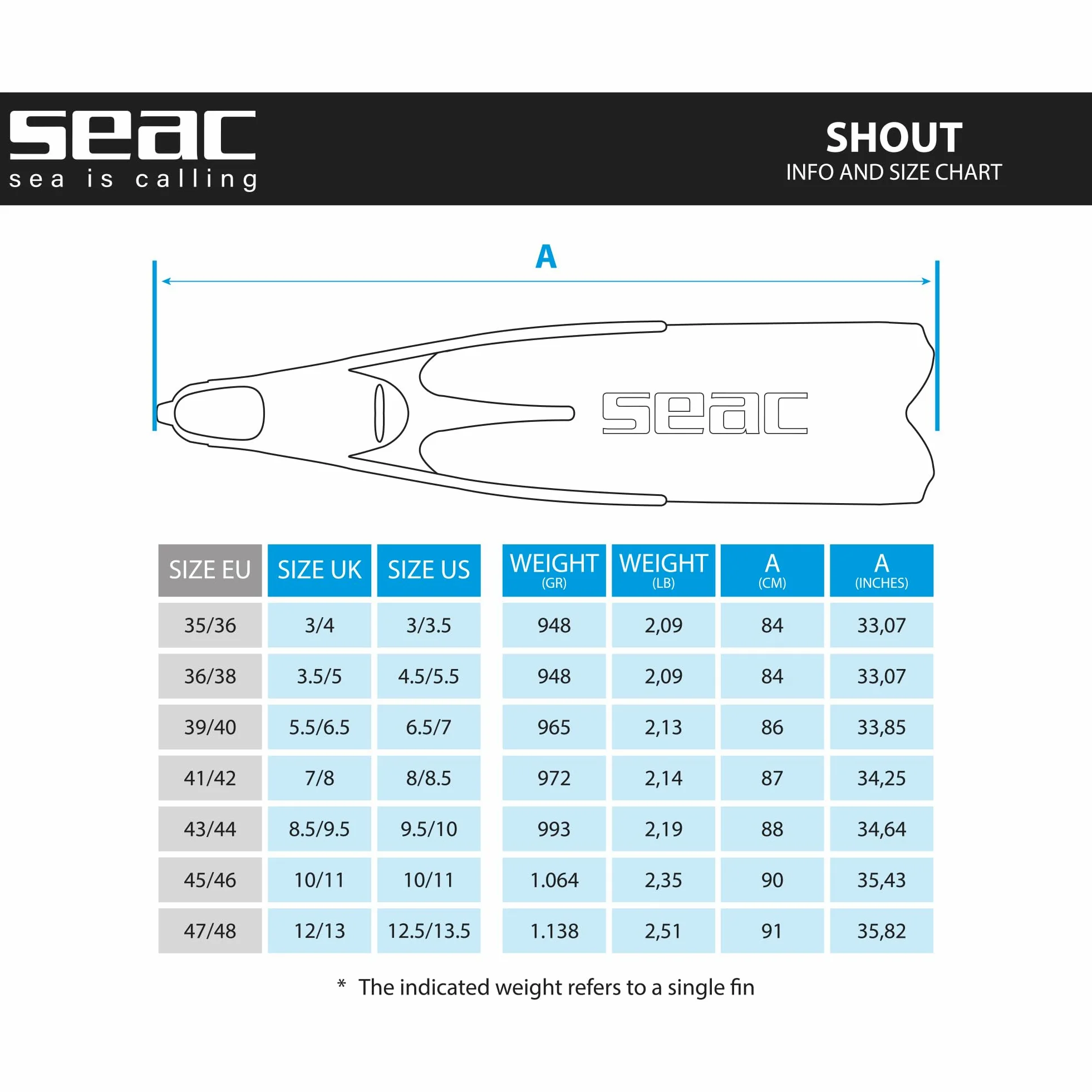 SEAC Gritar Aletas largas, Pesca submarina y Buceo Libre, Unisex Adulto