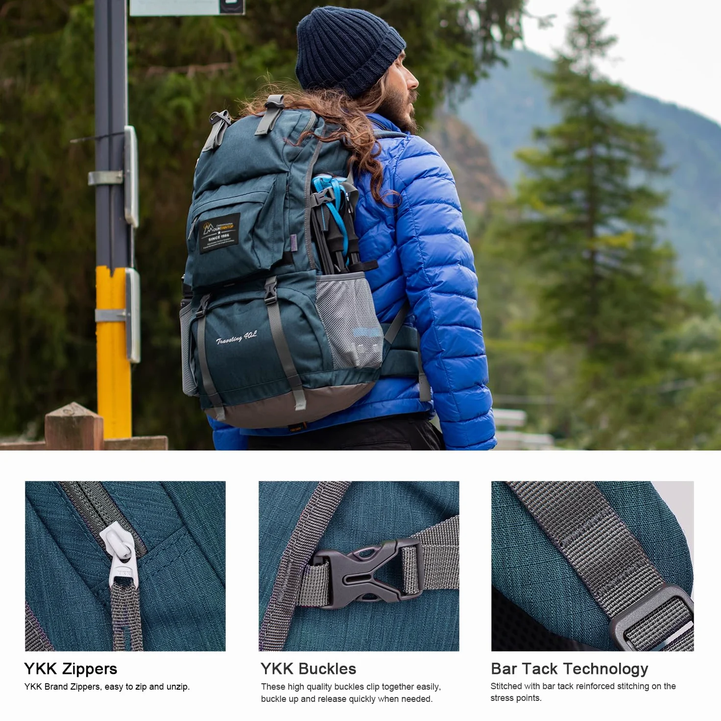 MOUNTAINTOP Mochila de senderismo de 40 litros para mujeres y hombres, para viajes al aire libre, camping, mochila de día con cubierta para la lluvia, 21.7 x 13 x 7.9 pulgadas, color azul ahumado