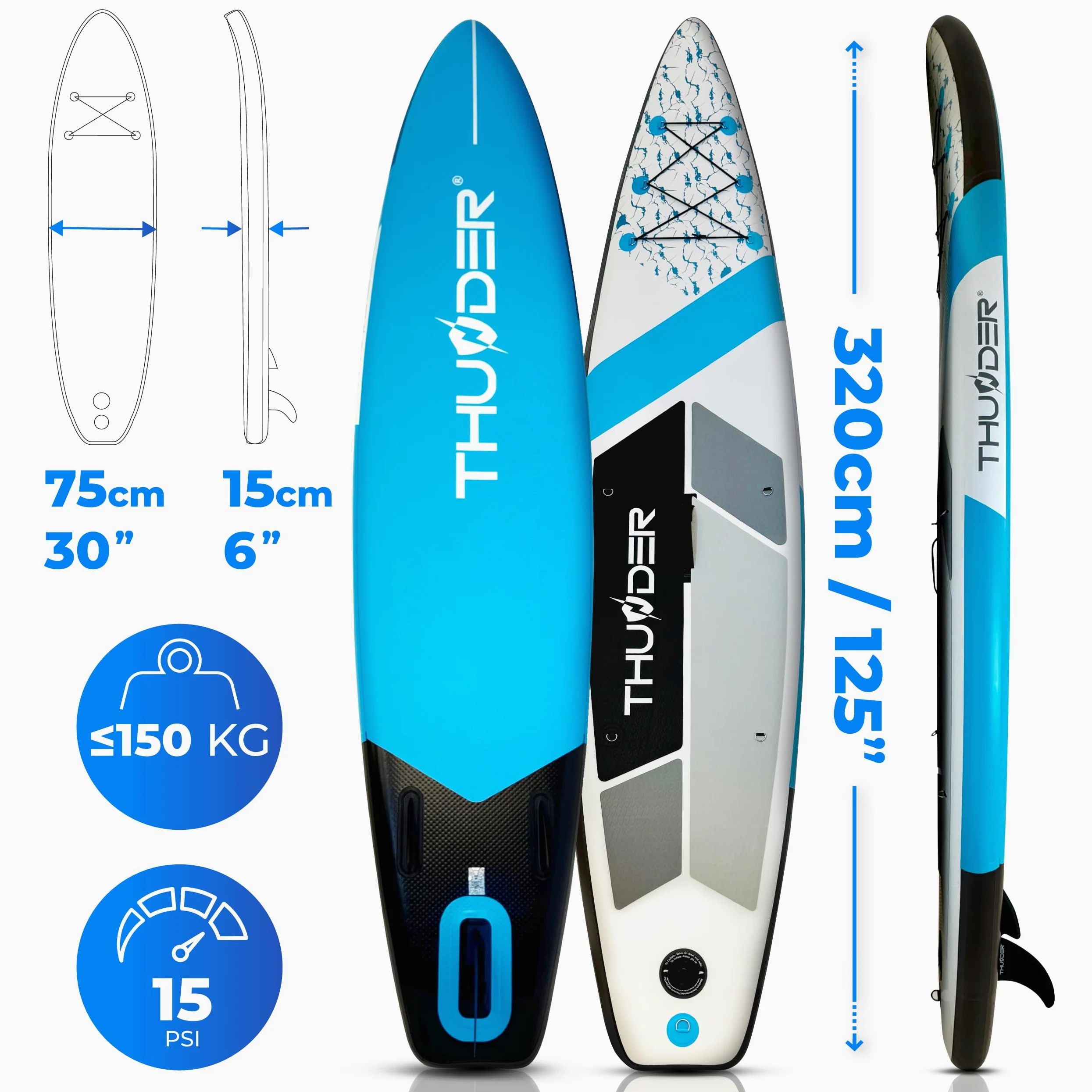 THUNDER Tabla de Sup Inflable 320 cm con Asiento de Kayak – Set con Remo, Bomba y Mochila – Estable y Antideslizante para Adultos