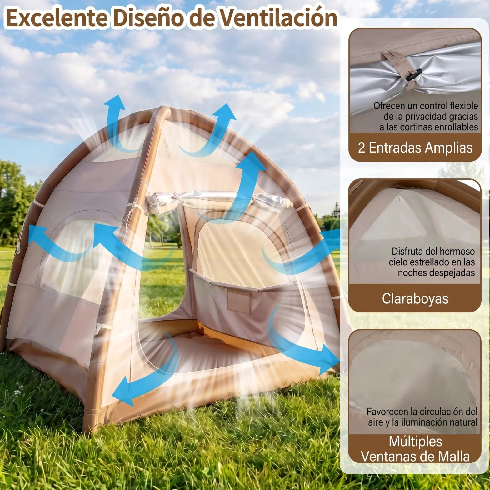 COSTWAY Tienda de Campaña para 2-4 Persona, Tienda de Campaña Hinchable con Bomba de Aire, Puertas y Ventanas de Malla, Estacas y Cuerdas de Sujeción, Bolsa de Transporte, 208 x 208 x 196 cm