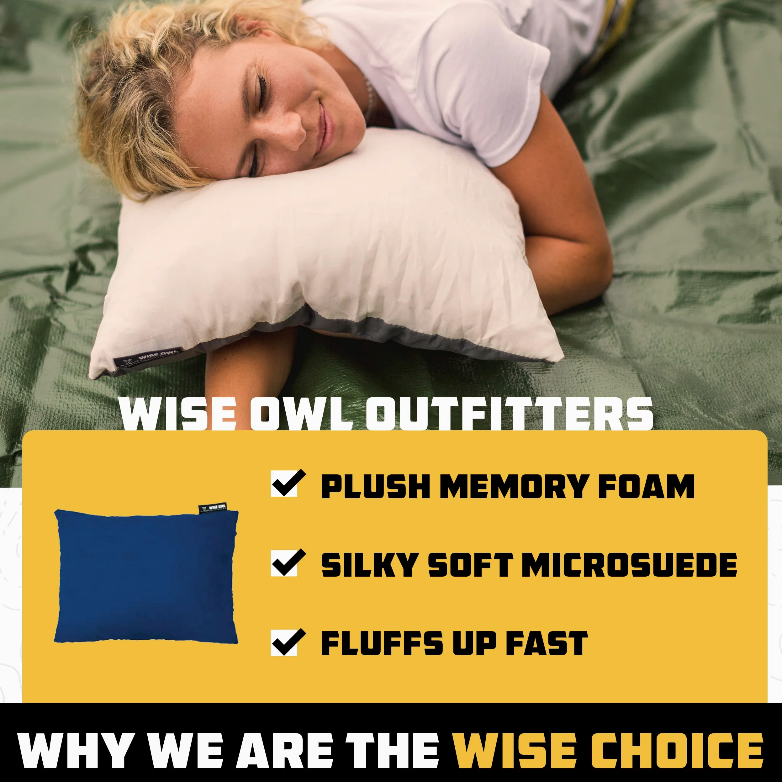 Wise Owl Outfitters Almohada de viaje de espuma viscoelástica para dormir en avión, senderismo, mochileros y uso al aire libre, pequeña y portátil para adultos, coche, campamento y tienda de campaña