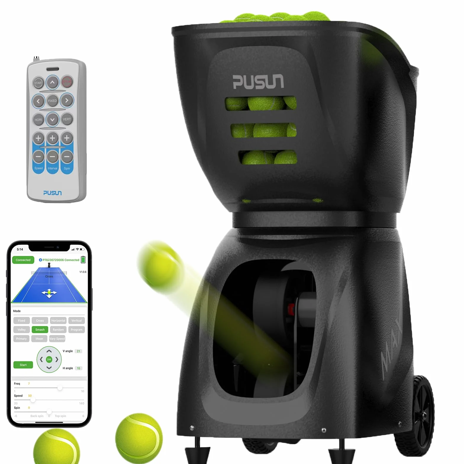 PUSUN PT-Max C - Lanzador de pelotas de tenis, más de 145 pelotas, doble aplicación y control remoto, 28 modos de entrenamiento de autoprogramación, negro, 1 artículo