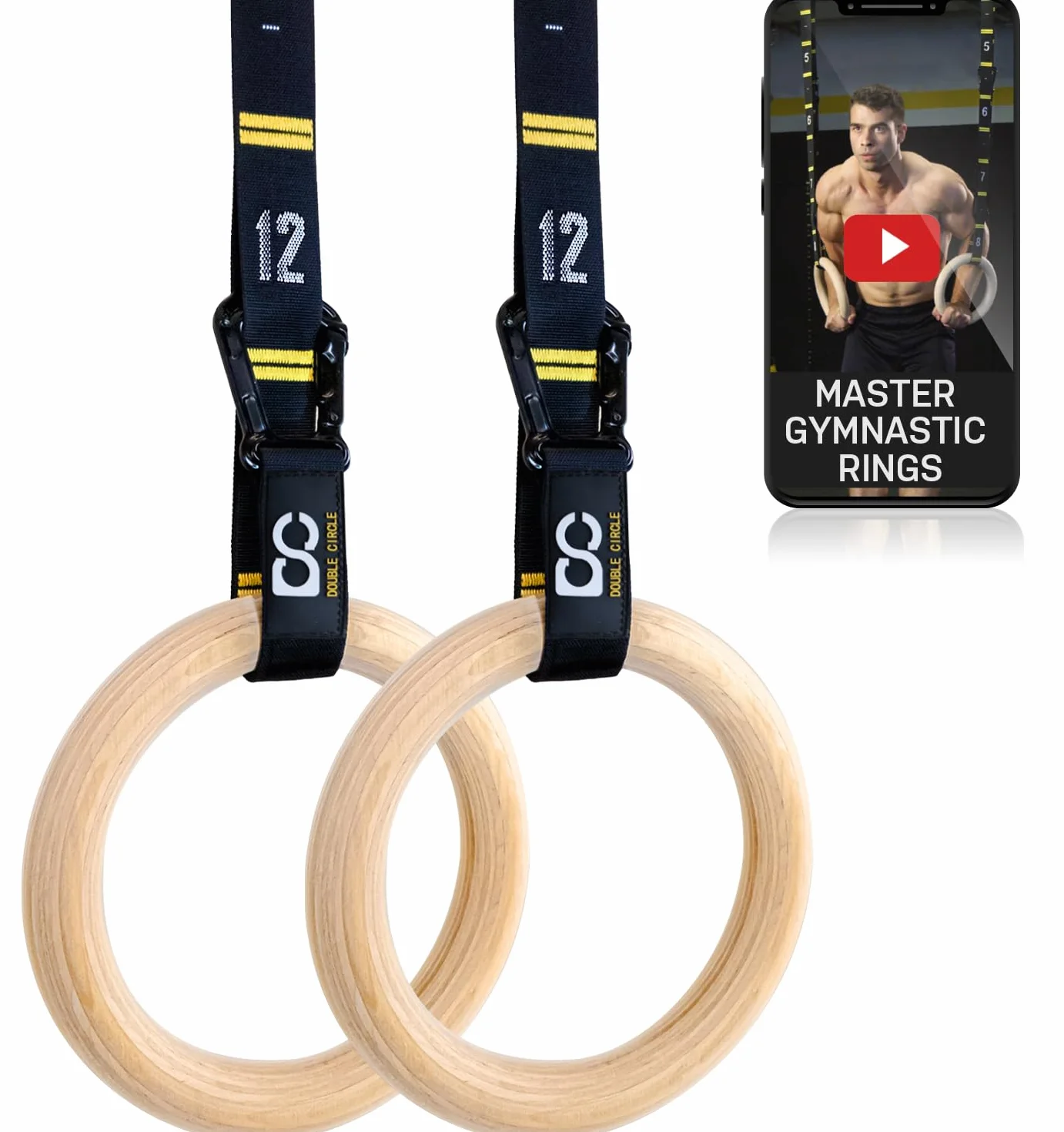 Anillos de Gimnasia de Madera Double Circle con Correas de Ajuste Rápido y Guía de Videos