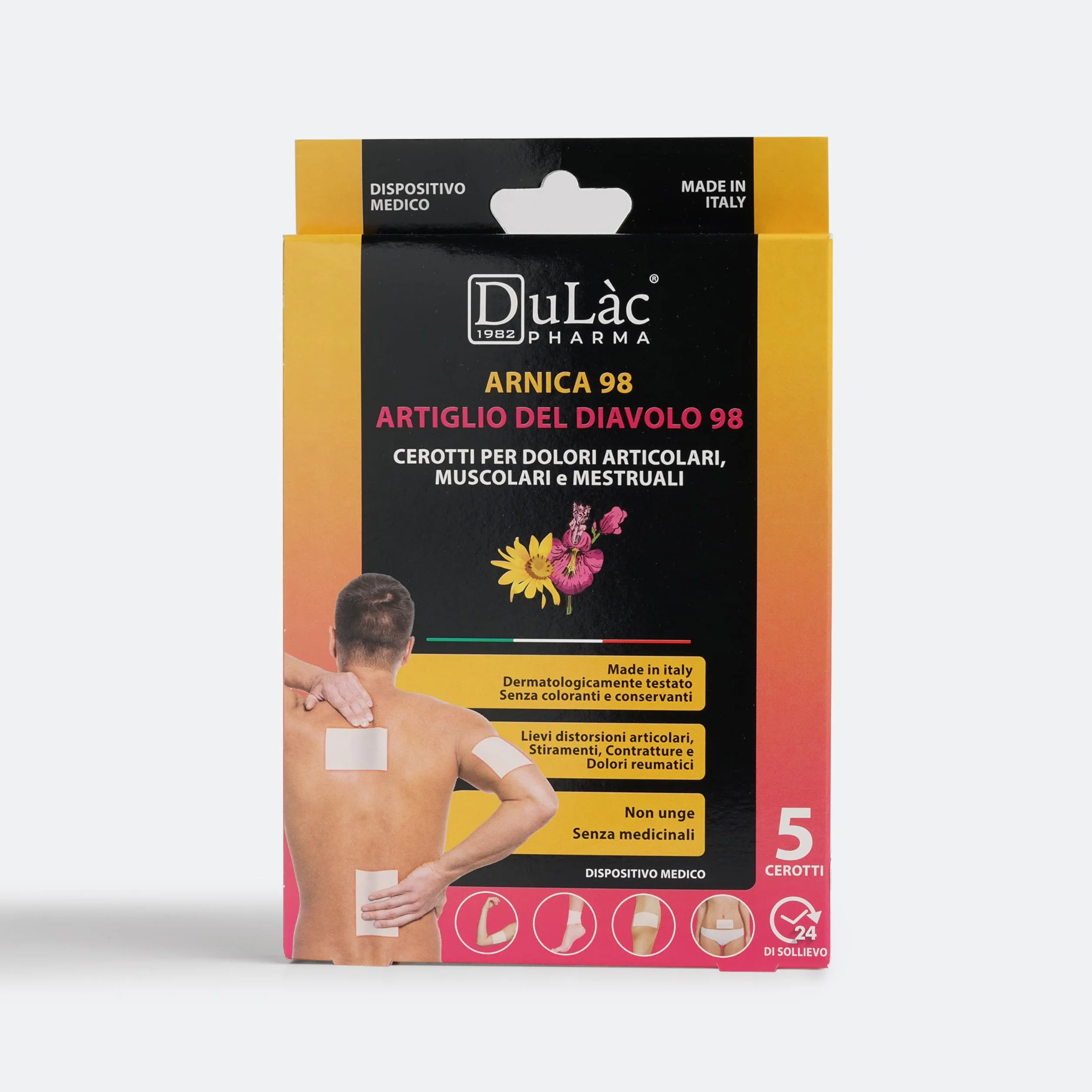 5 Parches de Árnica 98 y Garra del Diablo 98, Alivio para Dolores Articulares, Musculares y Menstruales, Dispositivo Médico Made in Italy