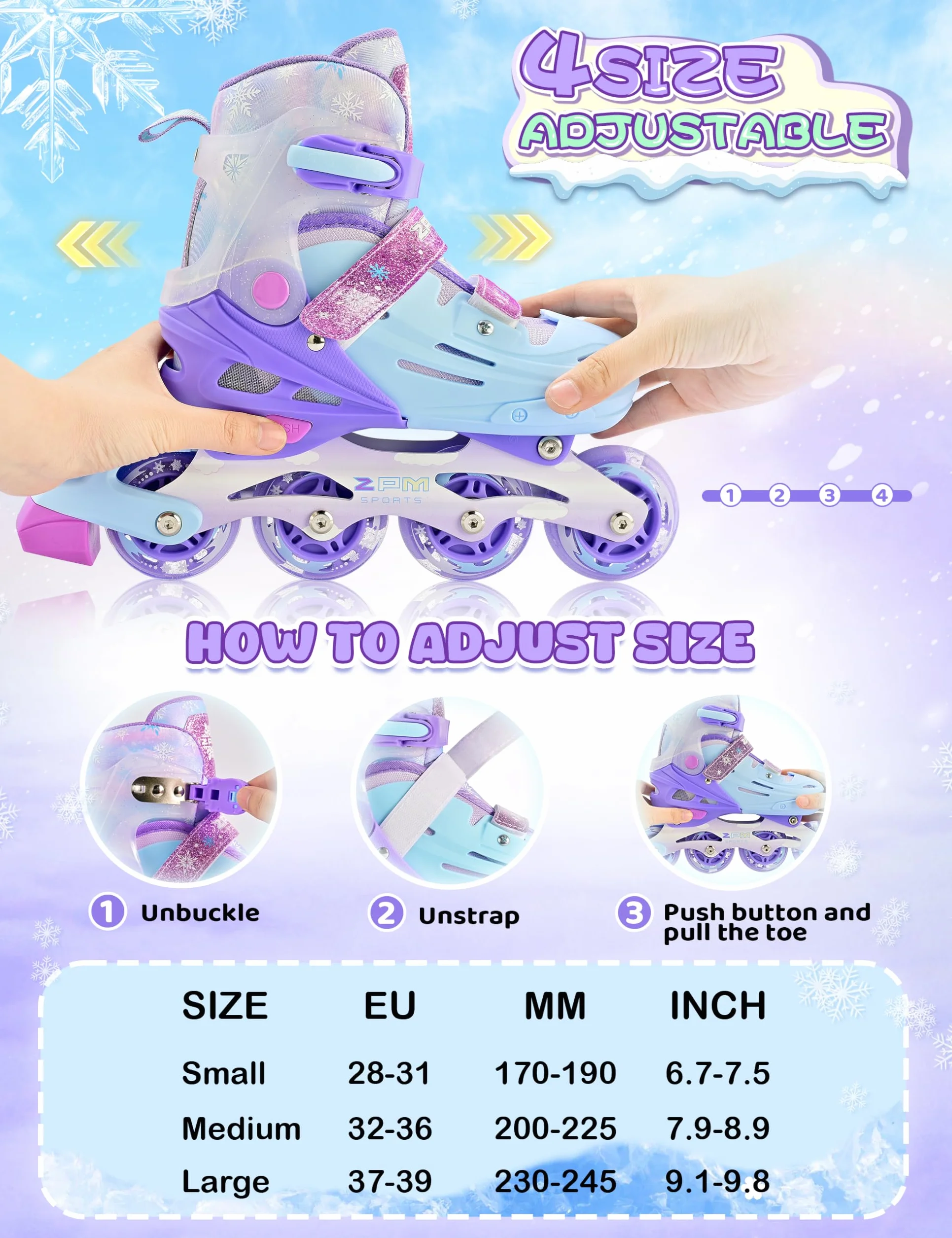 2PM SPORTS Patines de 4 Ruedas Rosa Violeta Niñas Ajustables para Niños Principiantes Interior Exterior