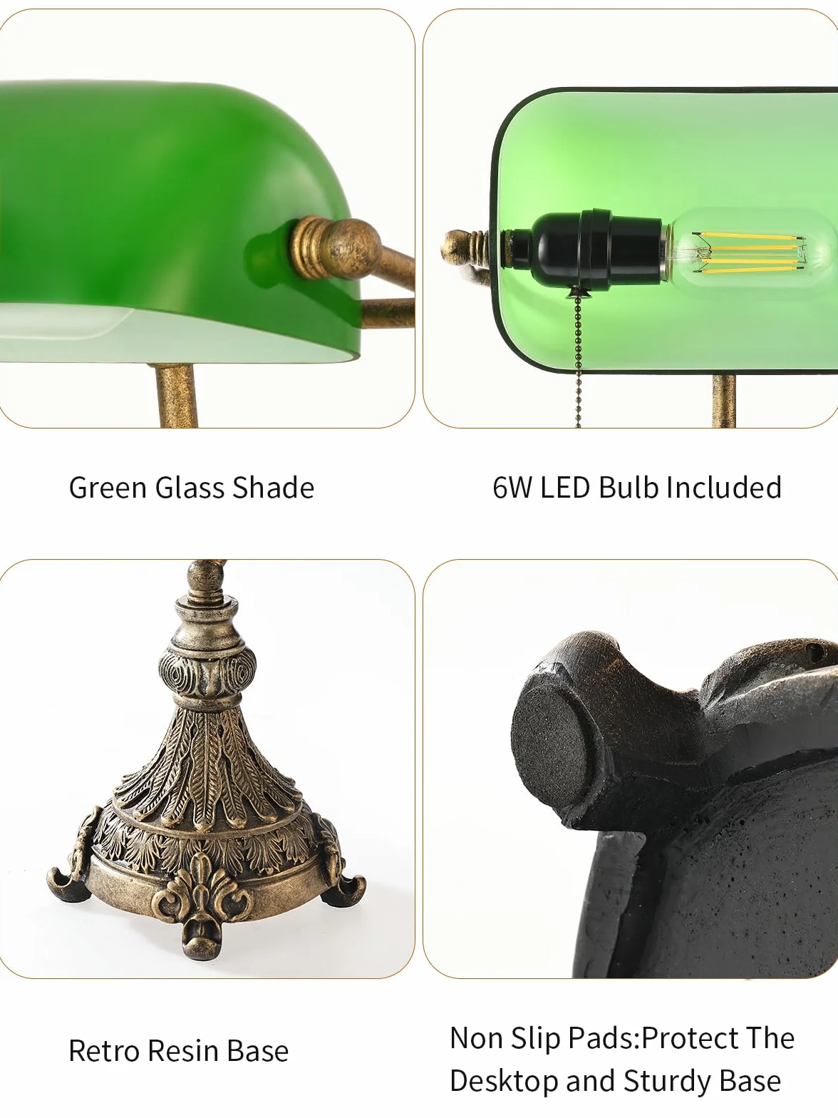 Lámpara de escritorio vintage de cristal verde para oficina en casa o biblioteca, con interruptor de cadena y enchufe, bombilla LED incluida.