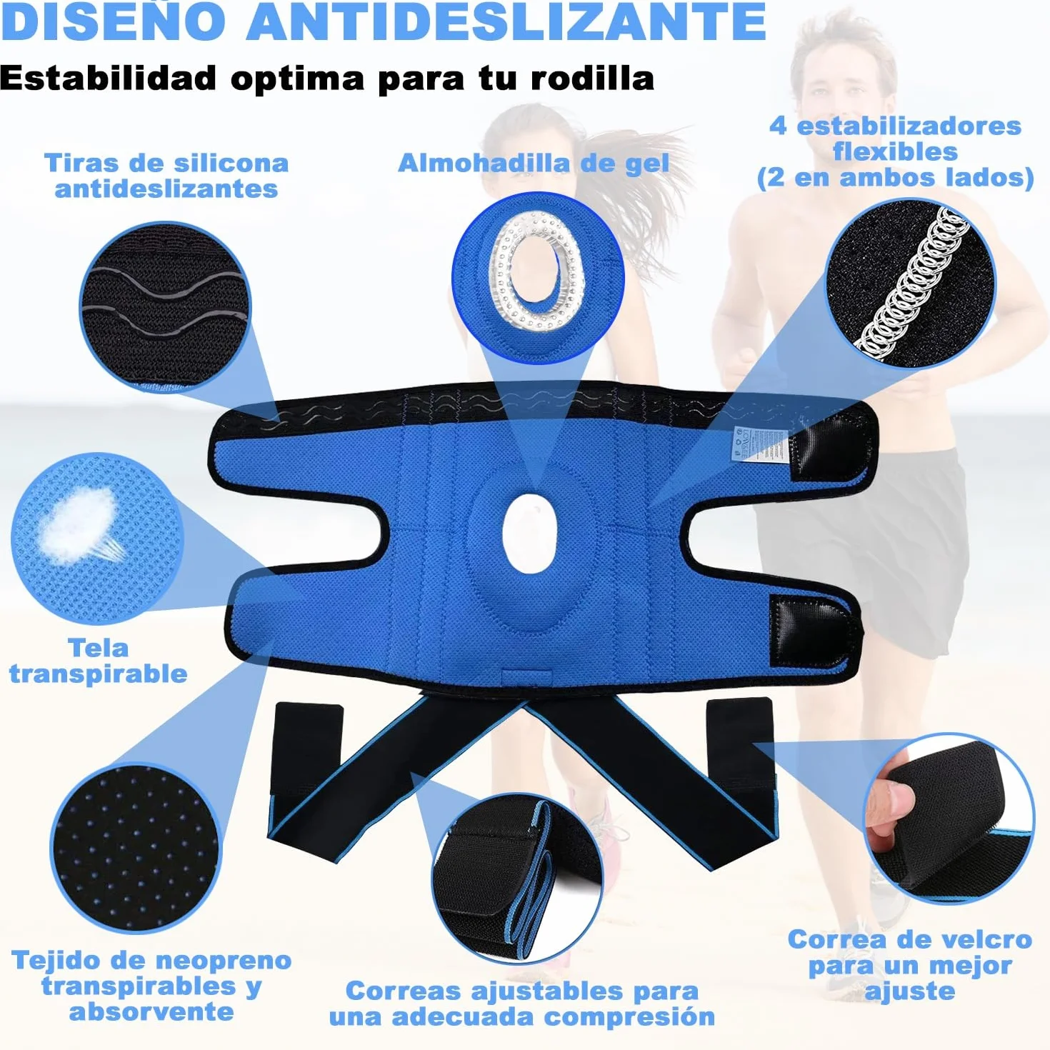 Rodilleras Deportivas Ajustables LOW&EE® Menisco y Ligamento Neopreno con Silicona Negro Azul