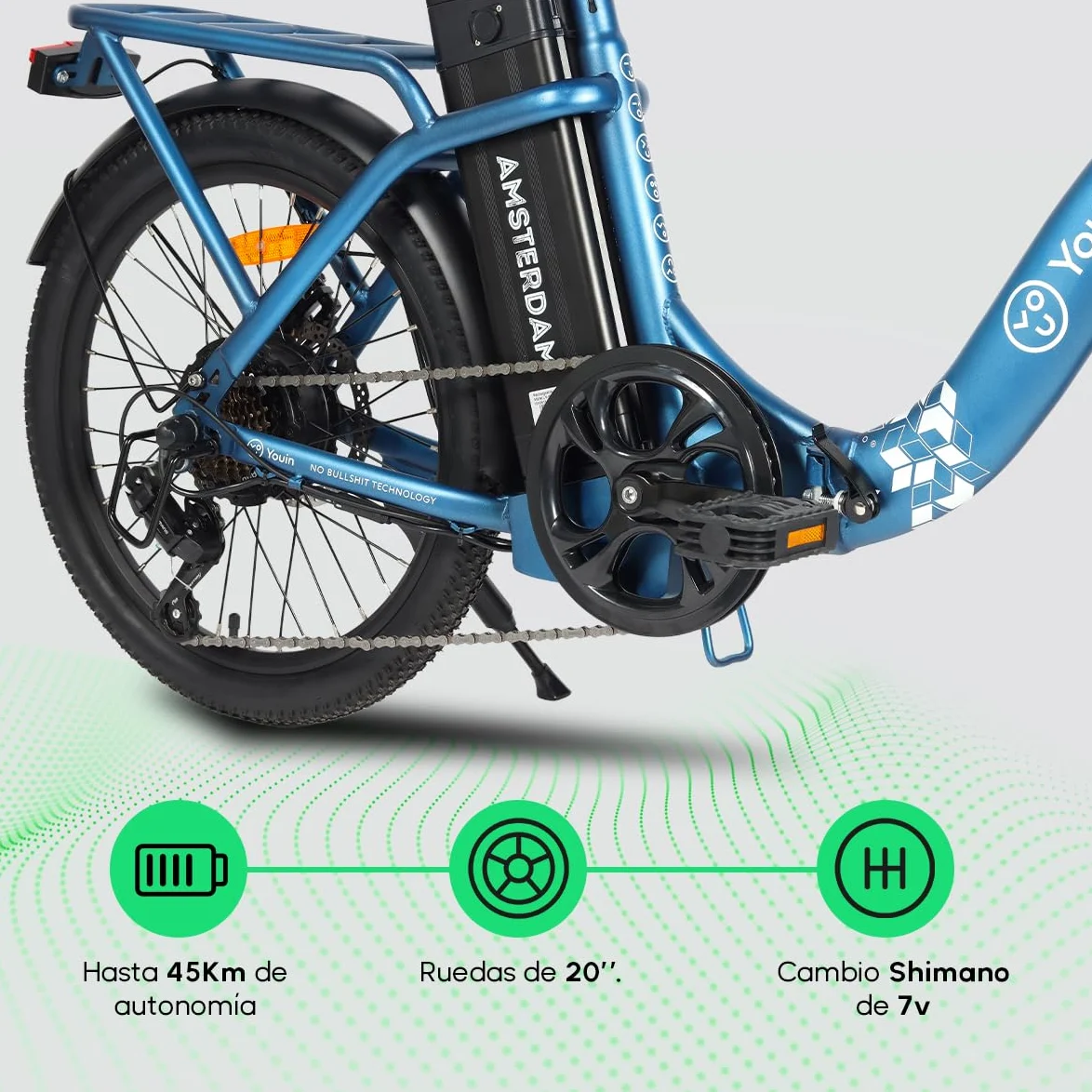 Youin Amsterdam Bicicleta Eléctrica Plegable 20" | Motor Trasero 250W 40Nm, Batería Extraíble 281Wh, Hasta 45 km de Autonomía, 7 Velocidades, Frenos de Disco