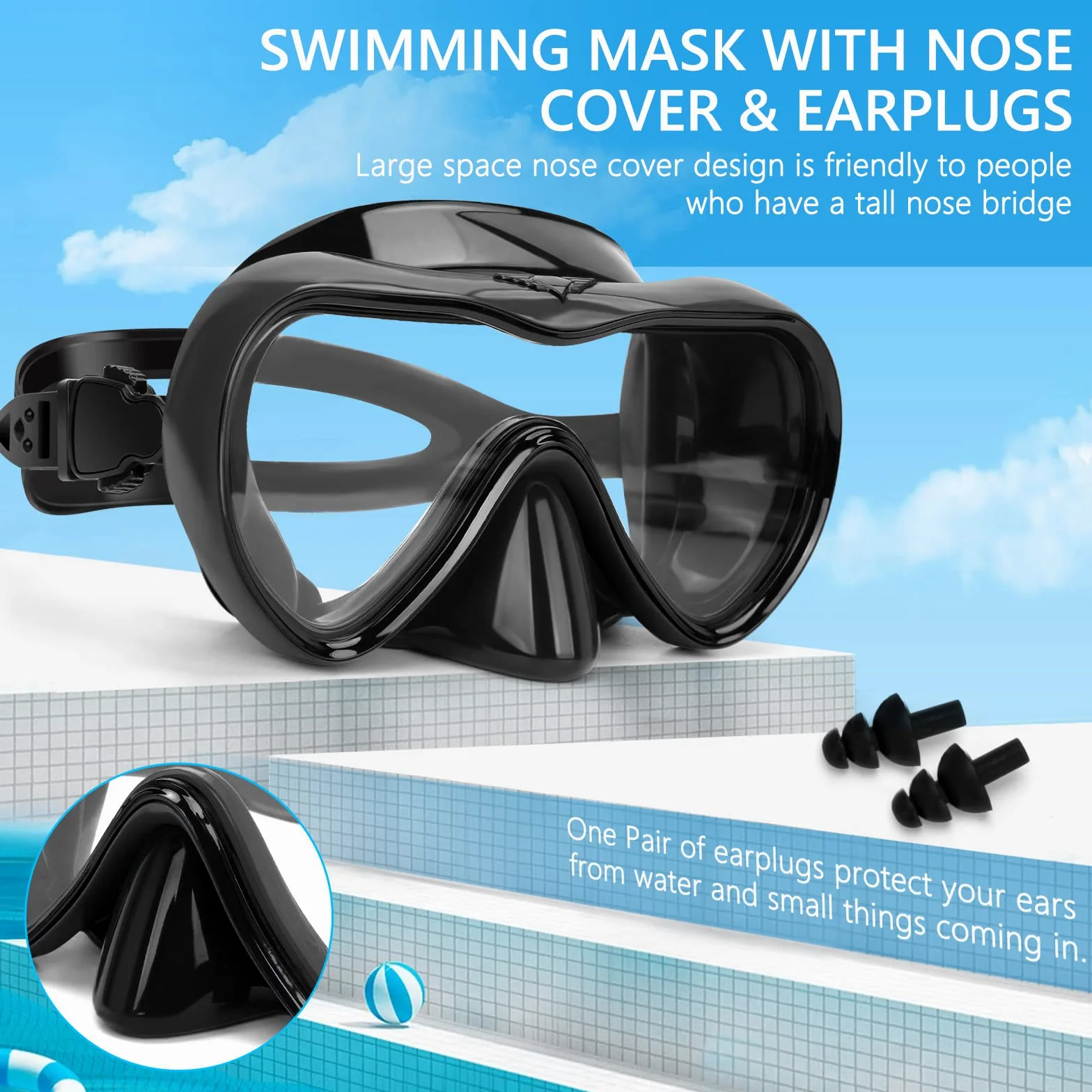 Gafas de natación, gafas de buceo antivaho con cubierta para la nariz, máscara de buceo de silicona antifugas para adultos, máscara de natación de vidrio templado HD de 180 grados para esnórquel con