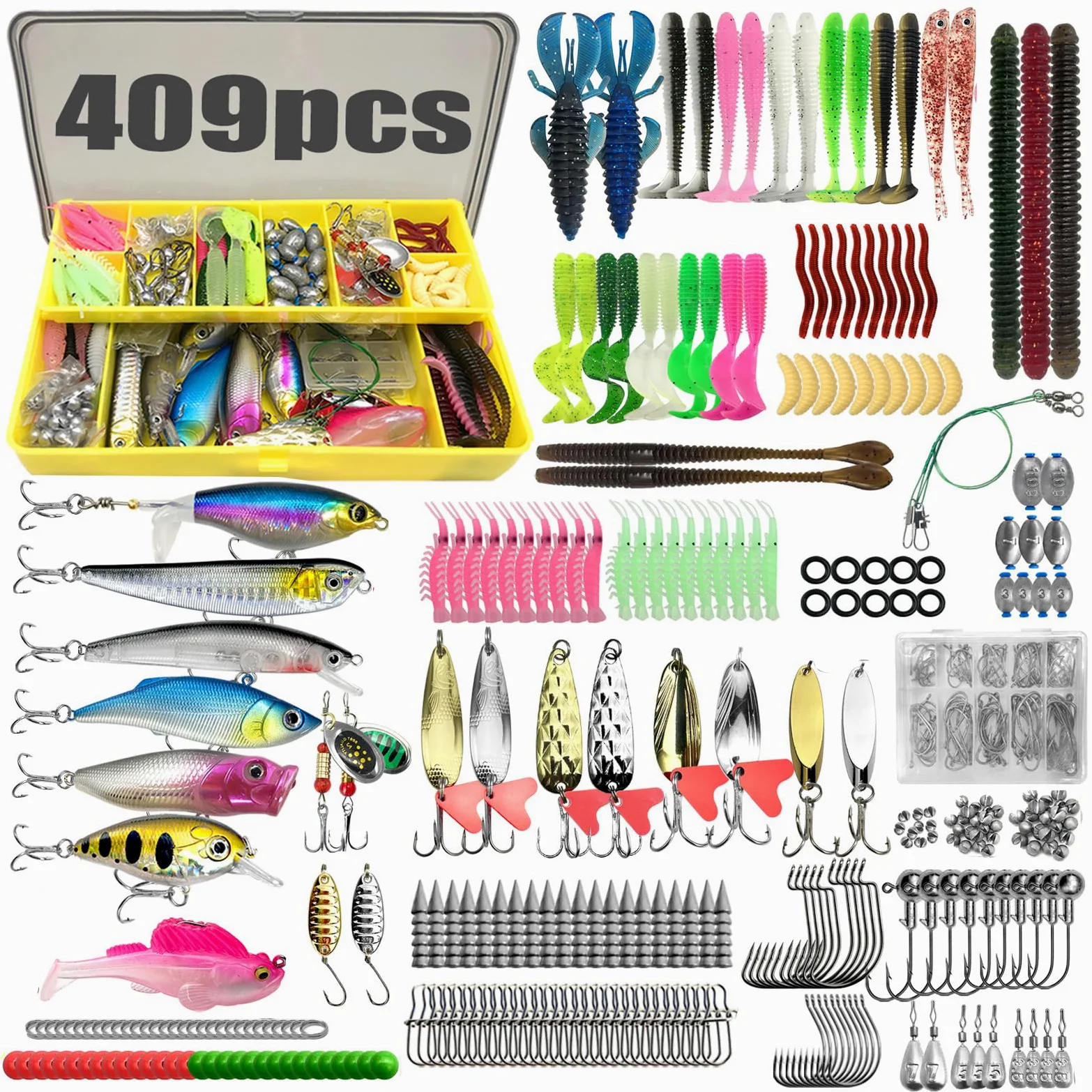 Juego de accesorios de pesca, juego de 367 señuelos de pesca y juego de herramientas con clips de labios, extractor de gancho, caja de cebo con accesorios, equipo de pesca, cebo para lucio