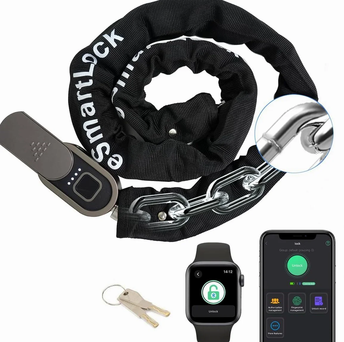 Candado de cadena para bicicleta con llave eLinkSmart impermeable Bluetooth App Bike Lock (100 cm de longitud 8 mm de diámetro) para bicicleta, scooter, moto, portón