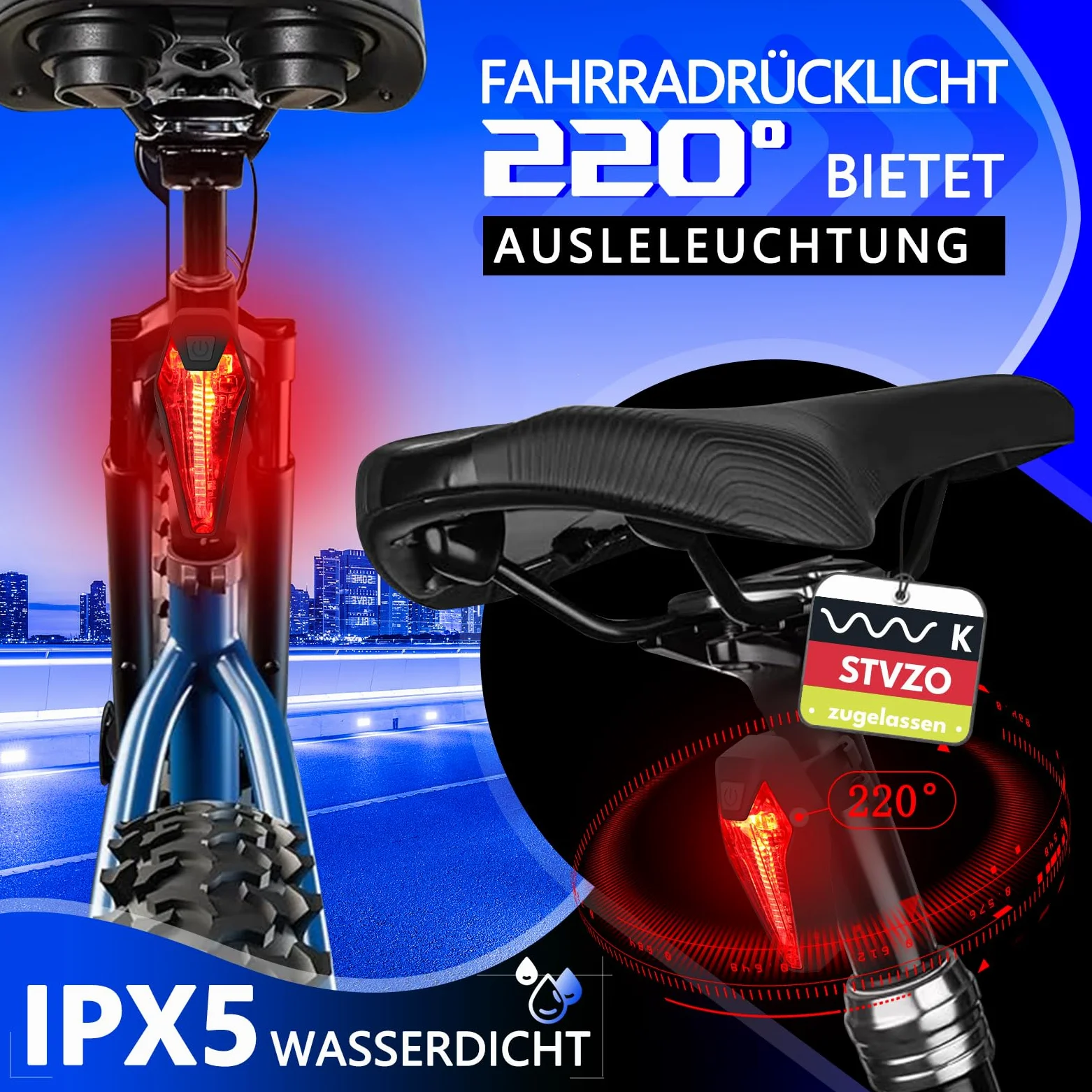 Juego de luces de bicicleta, iluminación de bicicleta certificada por StVZO, USB tipo C carga luces led set,IPX5 impermeable luz delantera y trasera