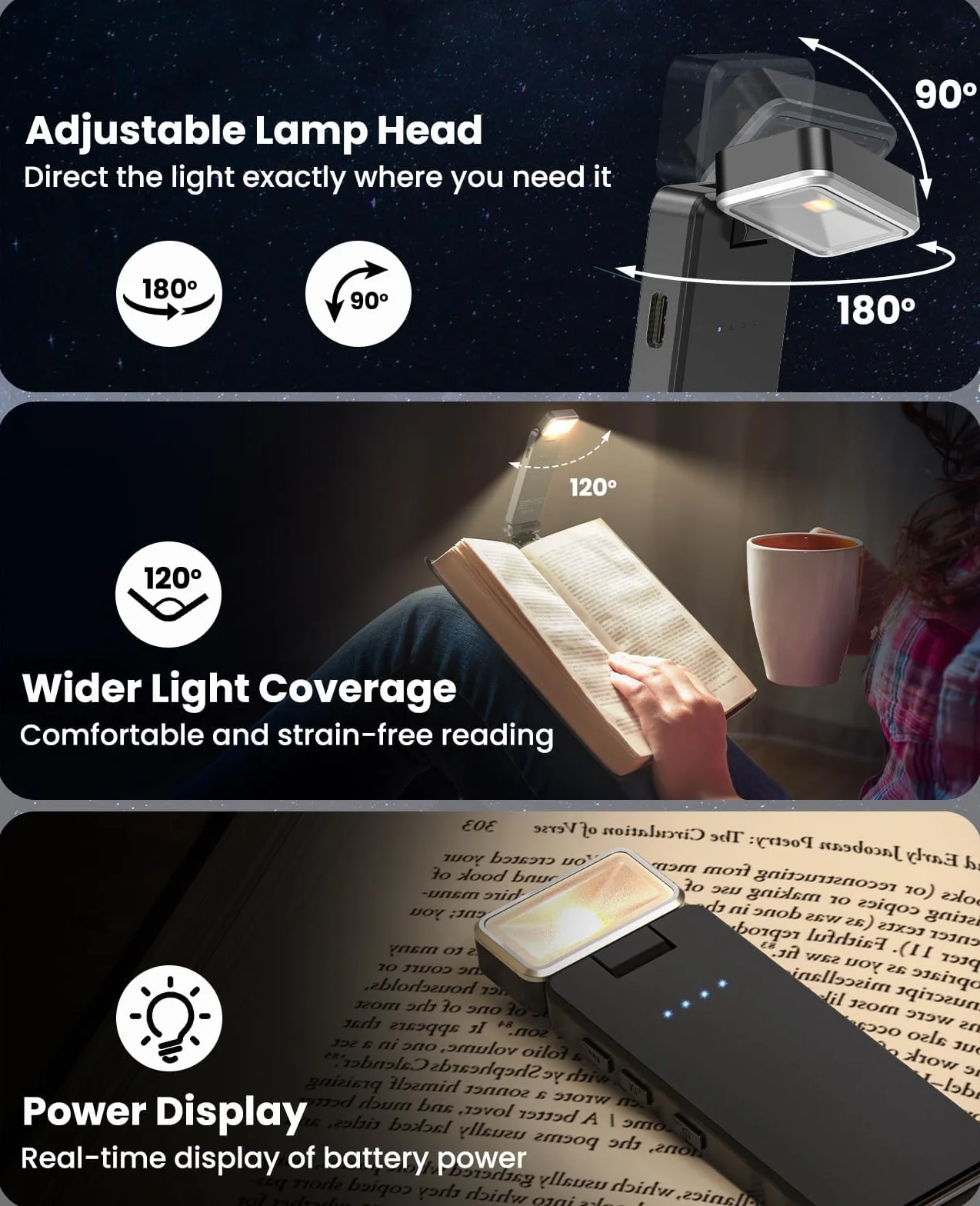 Lámpara de Lectura LED USB Recargable con Pinzas, 3 Colores y 3 Brillos Ajustables, Luz Anti-Azul