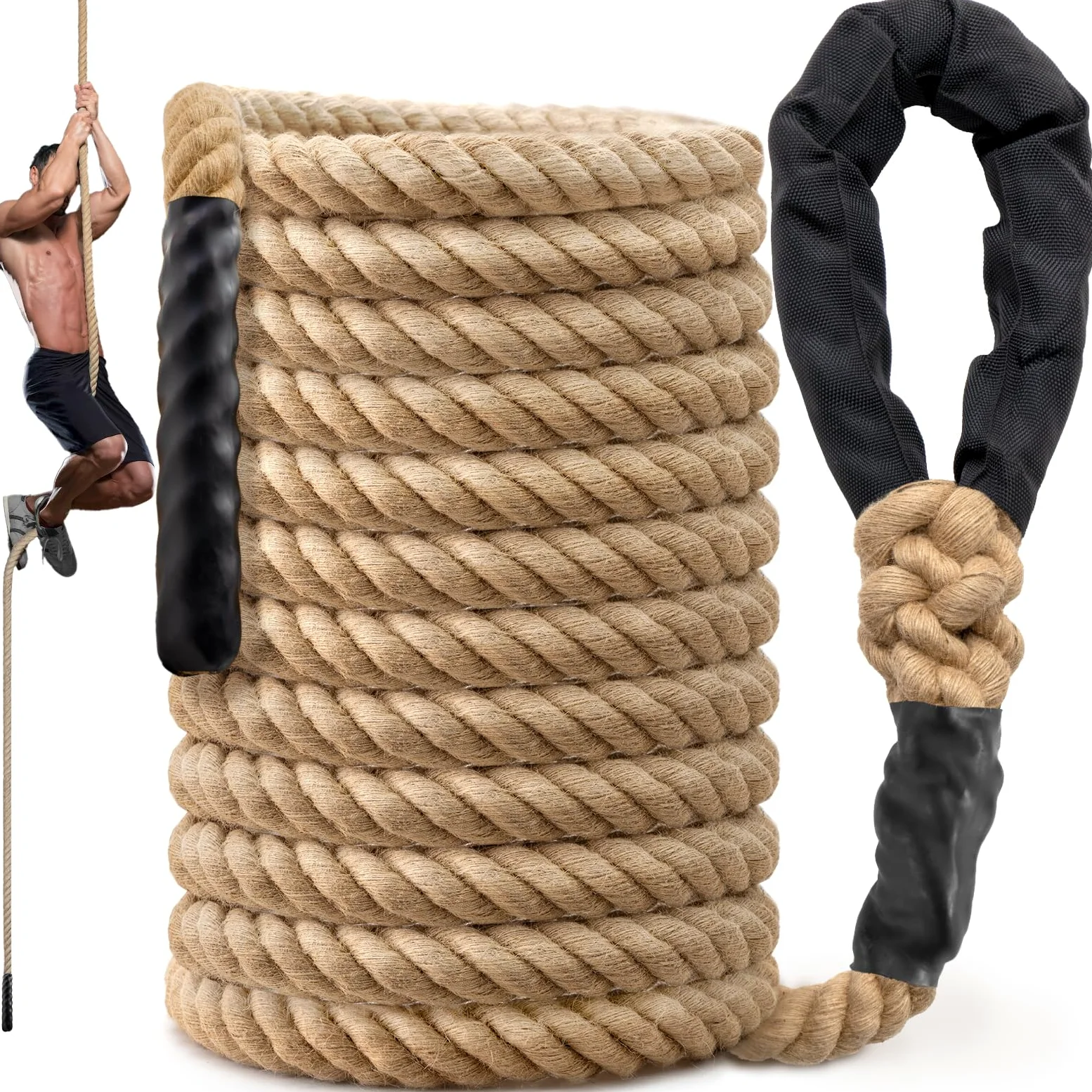 Cuerda de escalada para gimnasio, cuerda gruesa de yute resistente de 35 pies para adultos, entrenamiento de fuerza, columpio de árbol al aire libre, ejercicio de fitness en casa, 1.5 pulgadas
