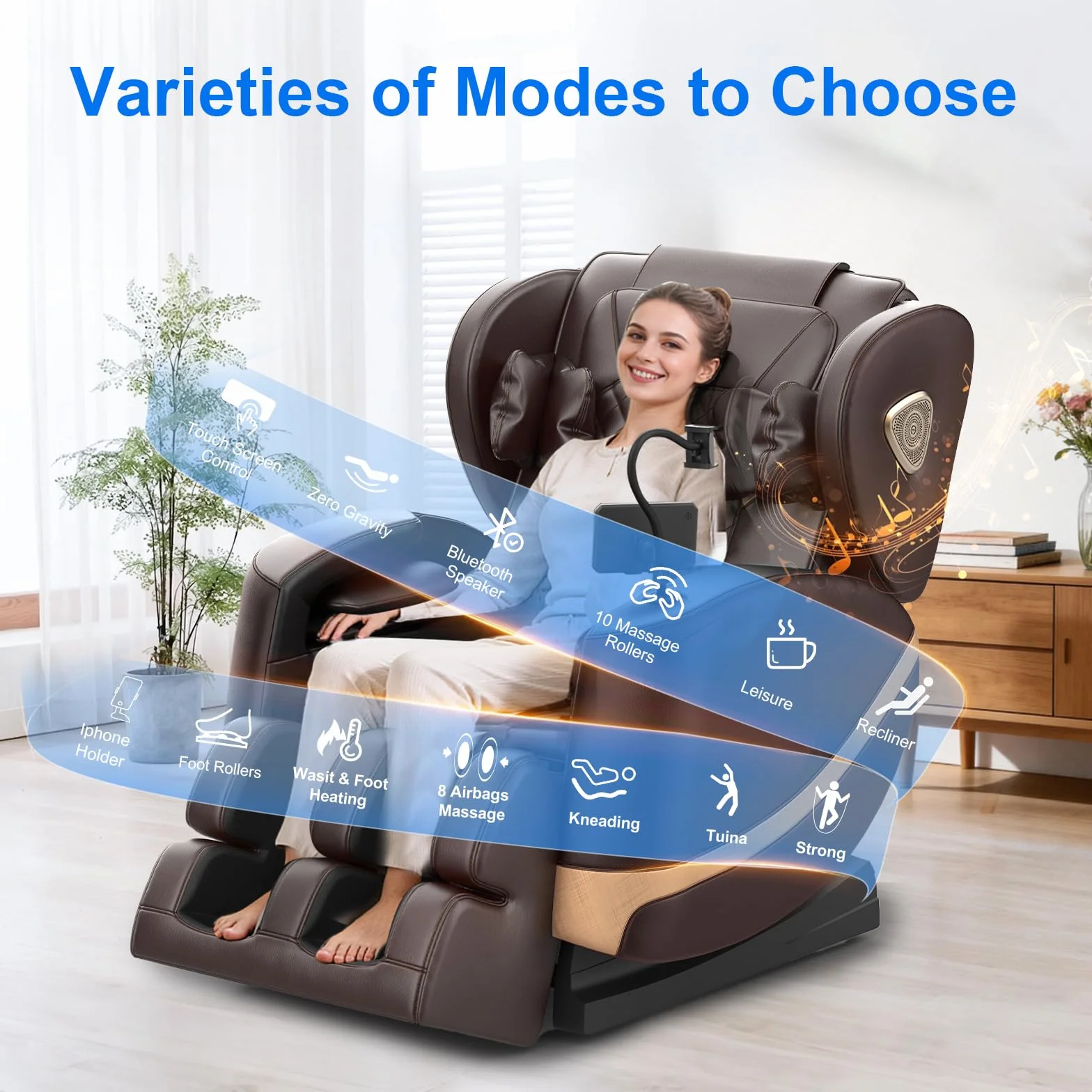 Sillón de Masaje con Gravedad Cero, 14 Ruedas, 8 Airbags, Calefacción, Bluetooth y Pantalla Táctil (Marrón)