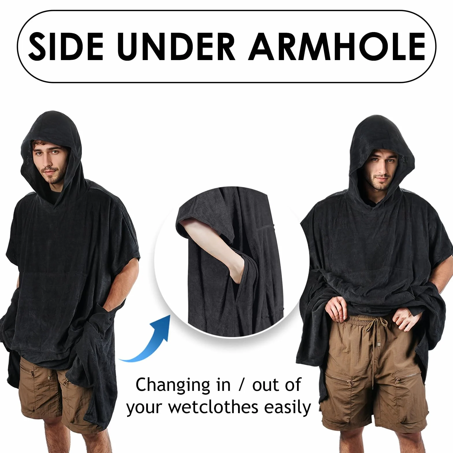 Kato Tirrinia Beach Surf Poncho con bolsillo Absorbente de agua Traje de neopreno Cambiador Sudadera con capucha Toalla Poncho Albornoz para surf Natación Baño Adulto Hombres Mujeres A prueba de arena