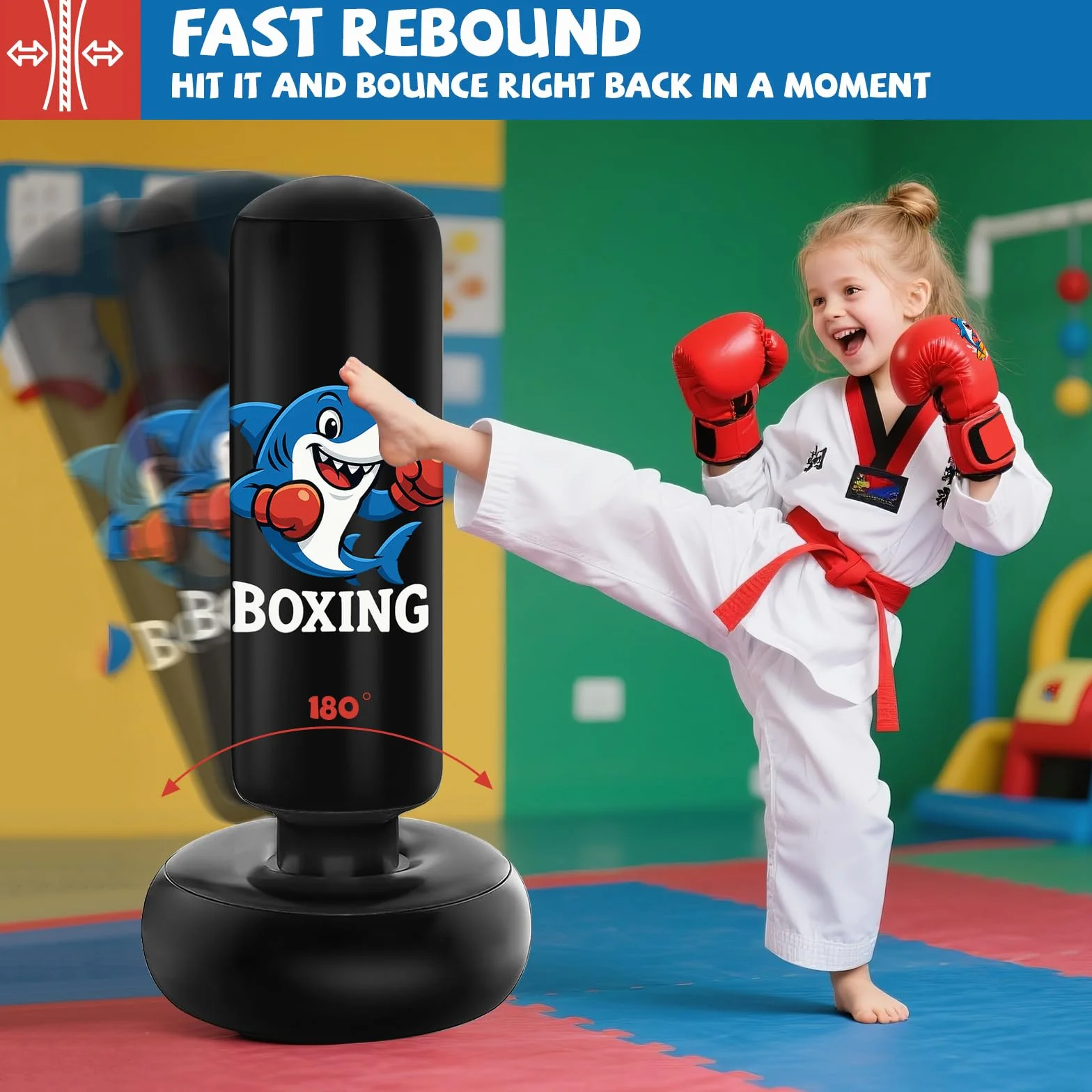Saco de Boxeo Niños 3-8 Años 130cm con Bomba de Aire y Guantes, Bolsa de Boxeo Inflable para Karate Kickboxing MMA