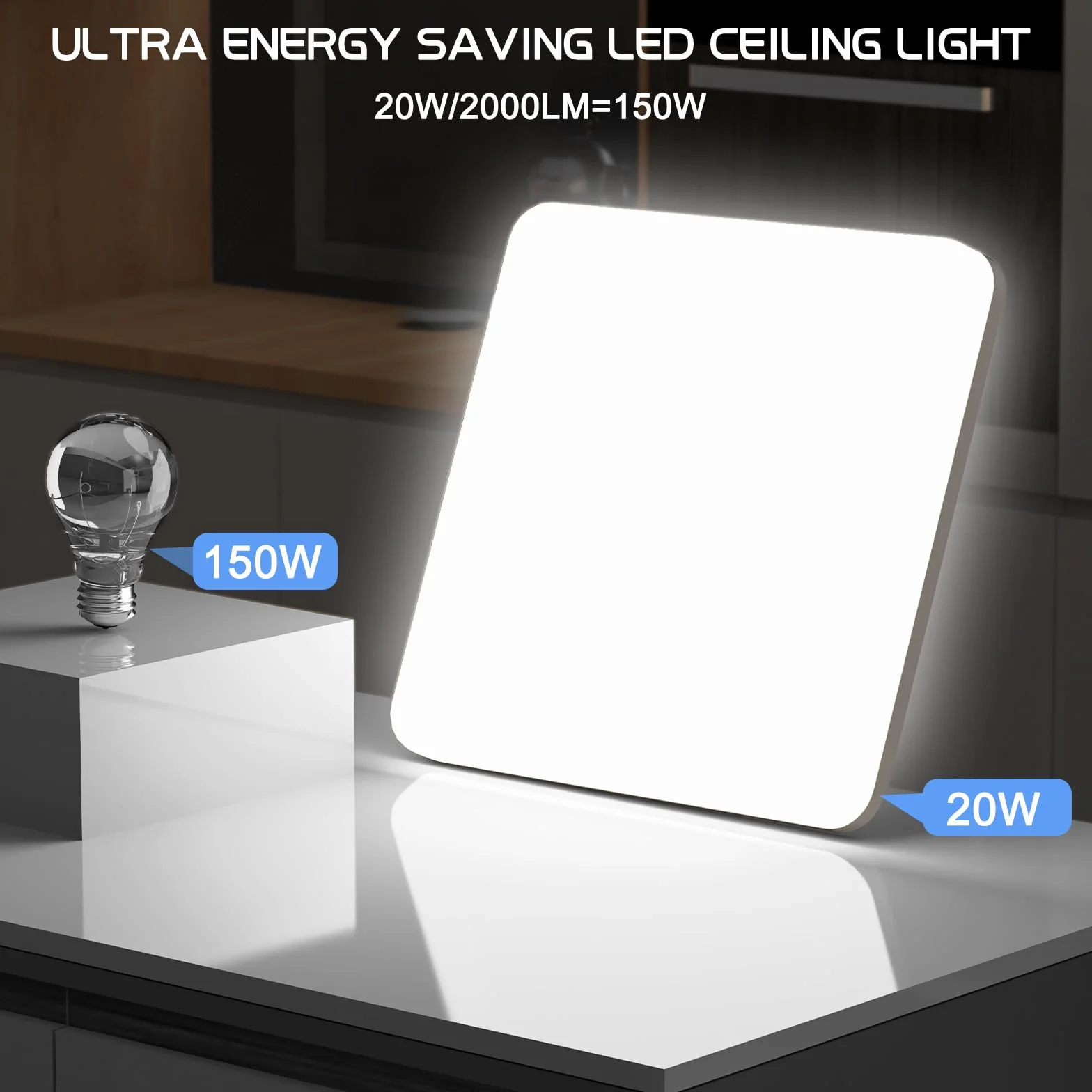 OUILA Plafon LED Techo 20W 2000LM 6500K IP44 Blanco Frío Cuadrado