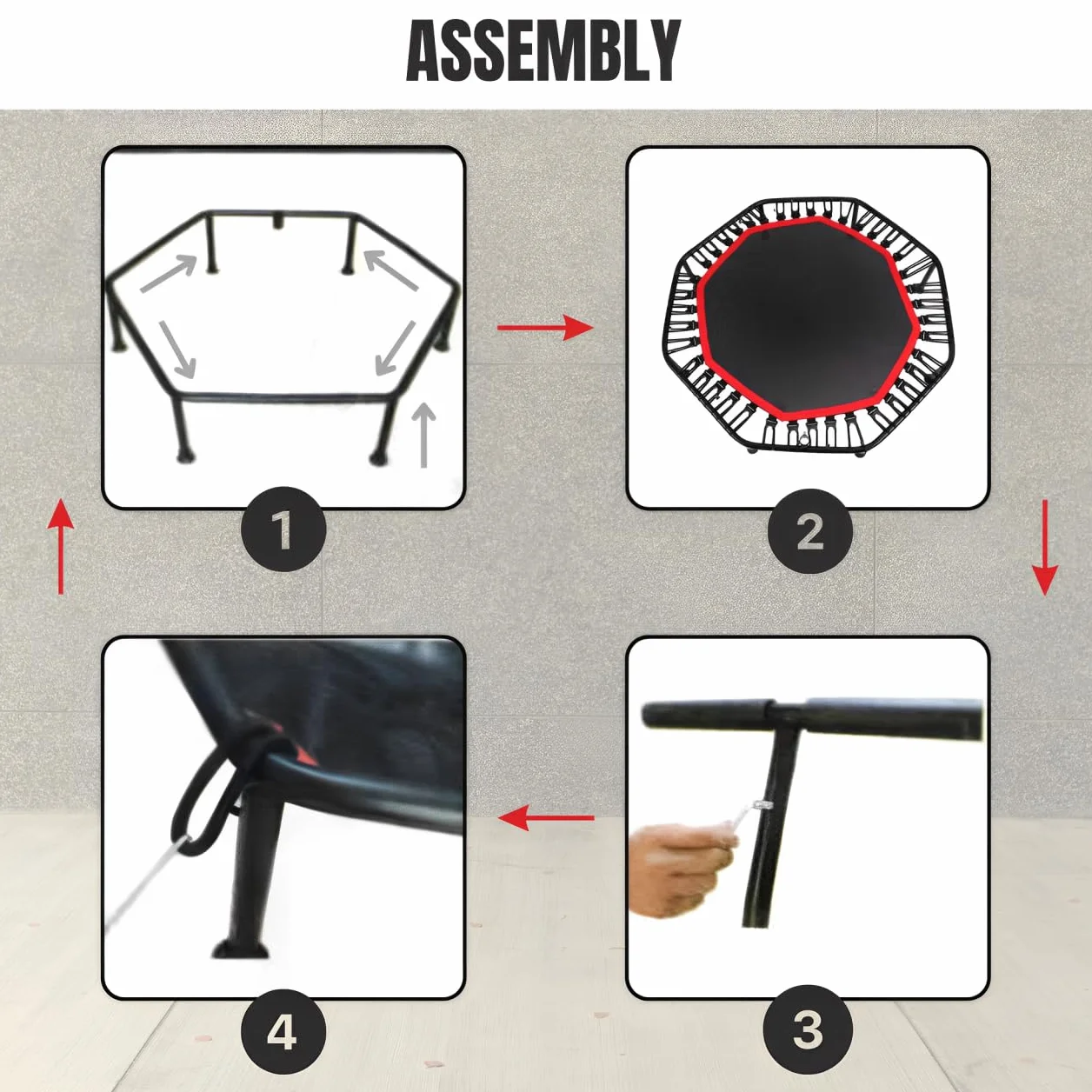 Trampolín Fitness Plegable Silencioso Ø90cm Octogonal con Apoyabrazos Ajustable para Adultos y Niños