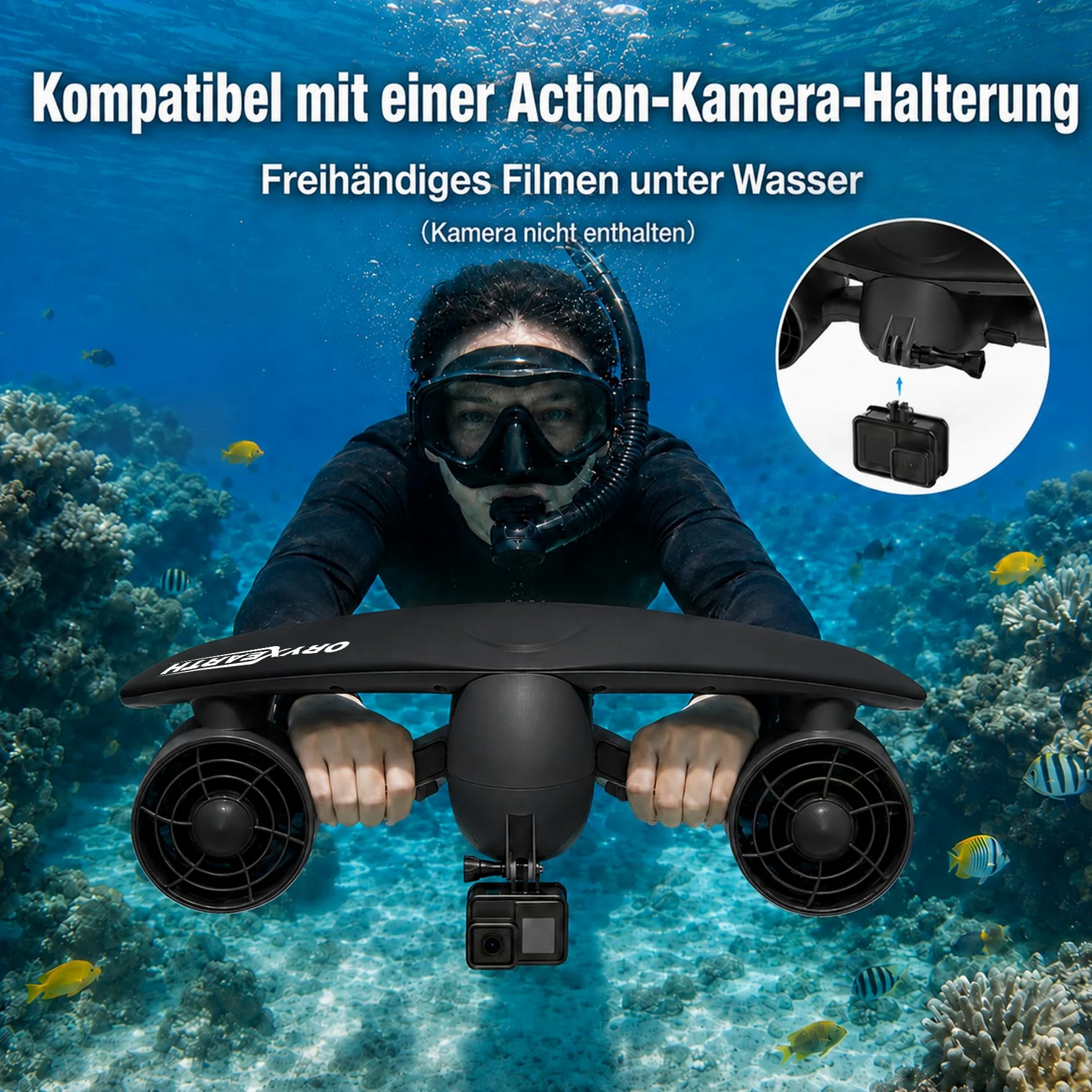 Oryxearth Doble Motor Scooter Submarino, 50 m, profundidad, 2 velocidades ajustables, soporte para cámara de acción, alerta de batería baja, scooter marino impermeable con seguridad infantil para