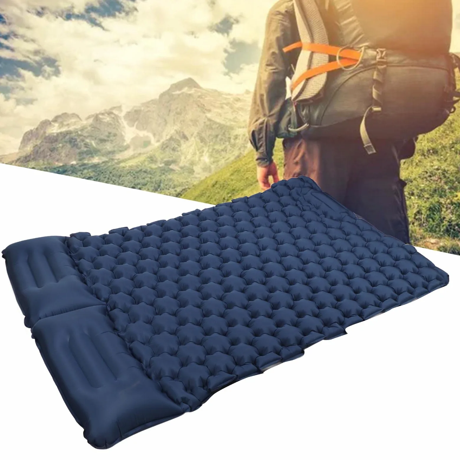 Colchoneta Inflable Doble para Acampar con Almohada, Colchoneta Doble Autoinflable con Almohada, Colchoneta De Nailon Impermeable para Exteriores para Senderismo, Camping (Azul Oscuro)