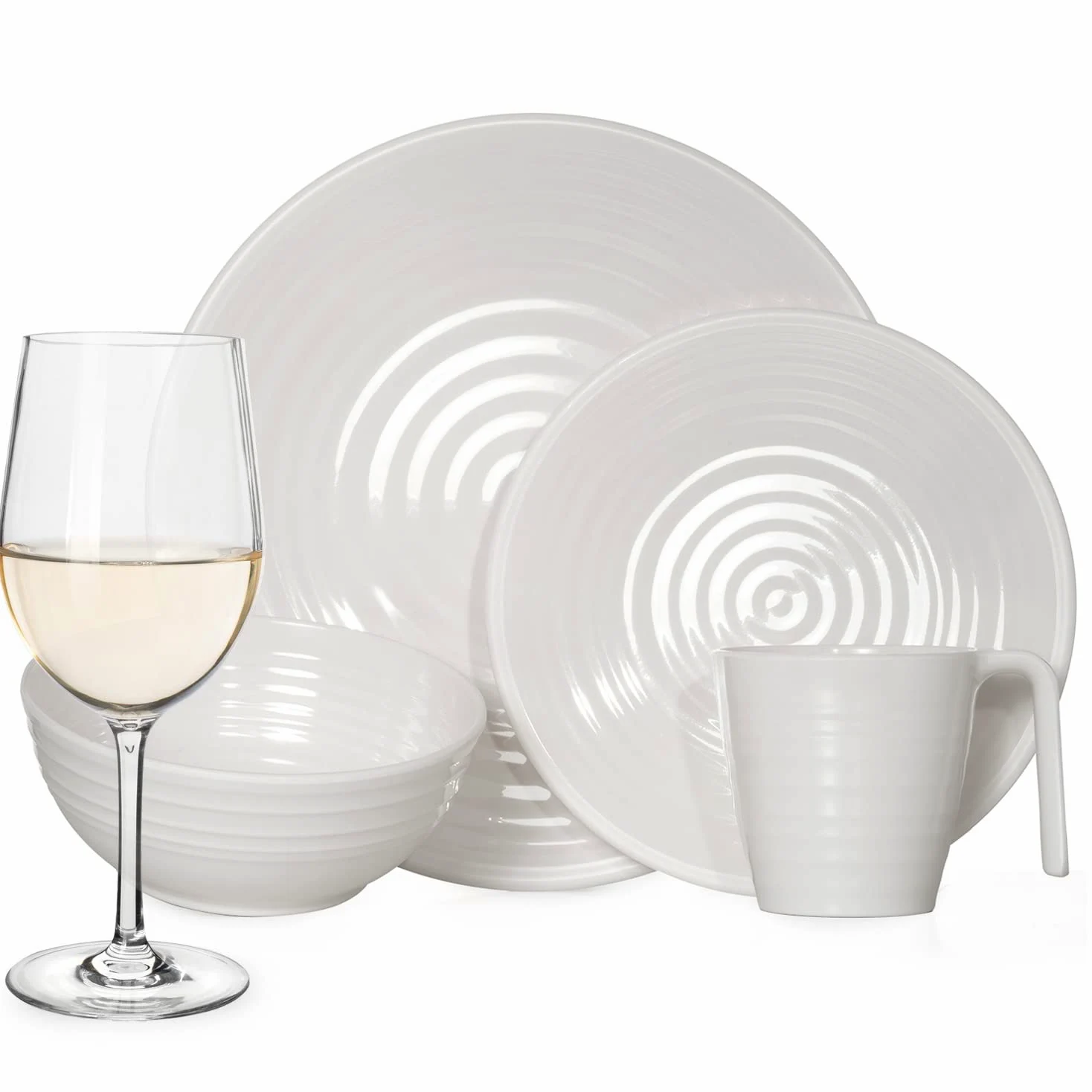 Vajilla de melamina para camping, 4 personas, color crema, 16 piezas + 4 vasos de vino blanco Tiamo