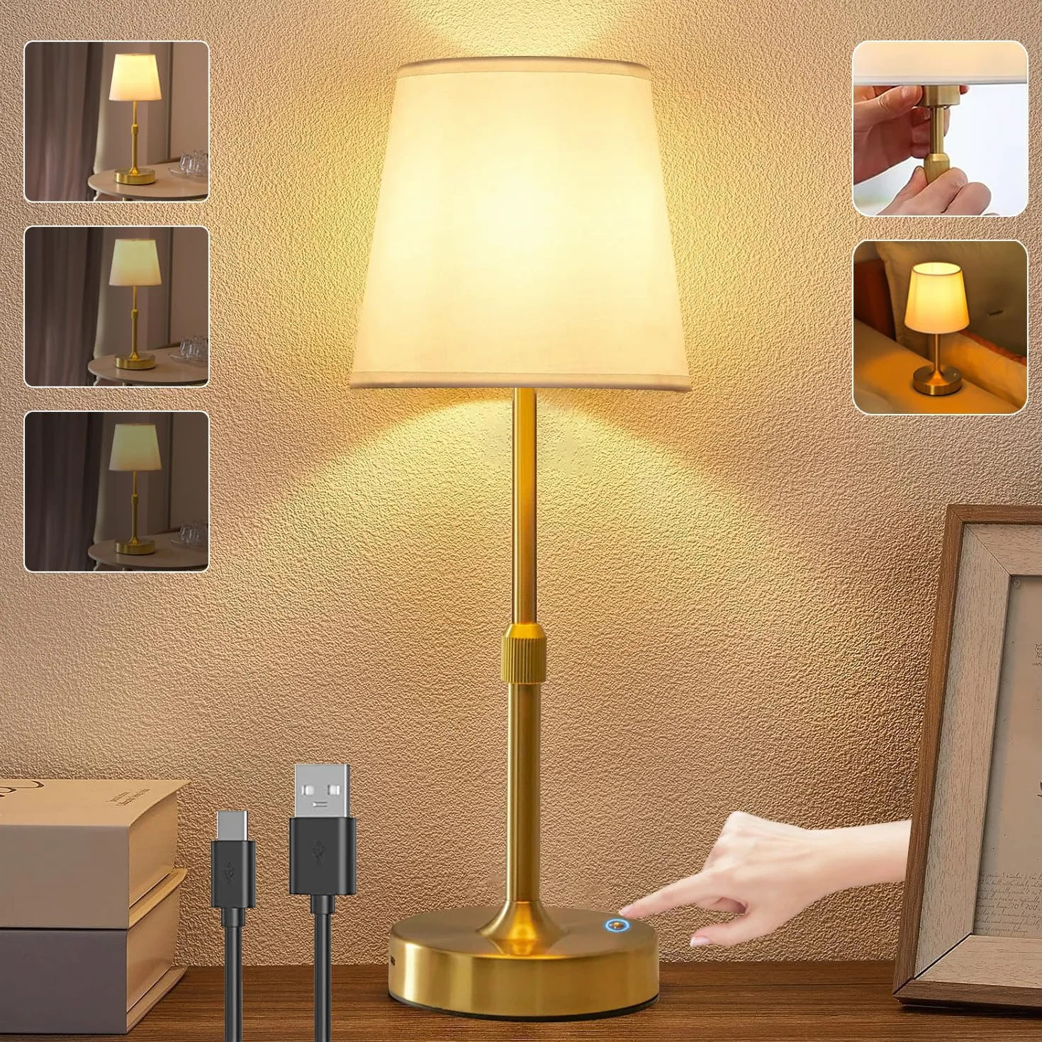 Lámpara de Mesa LED Inalámbrica Recargable con USB-C, 5200mAh, Ajustable en Altura, Toque, para Dormitorio Sala de Estar