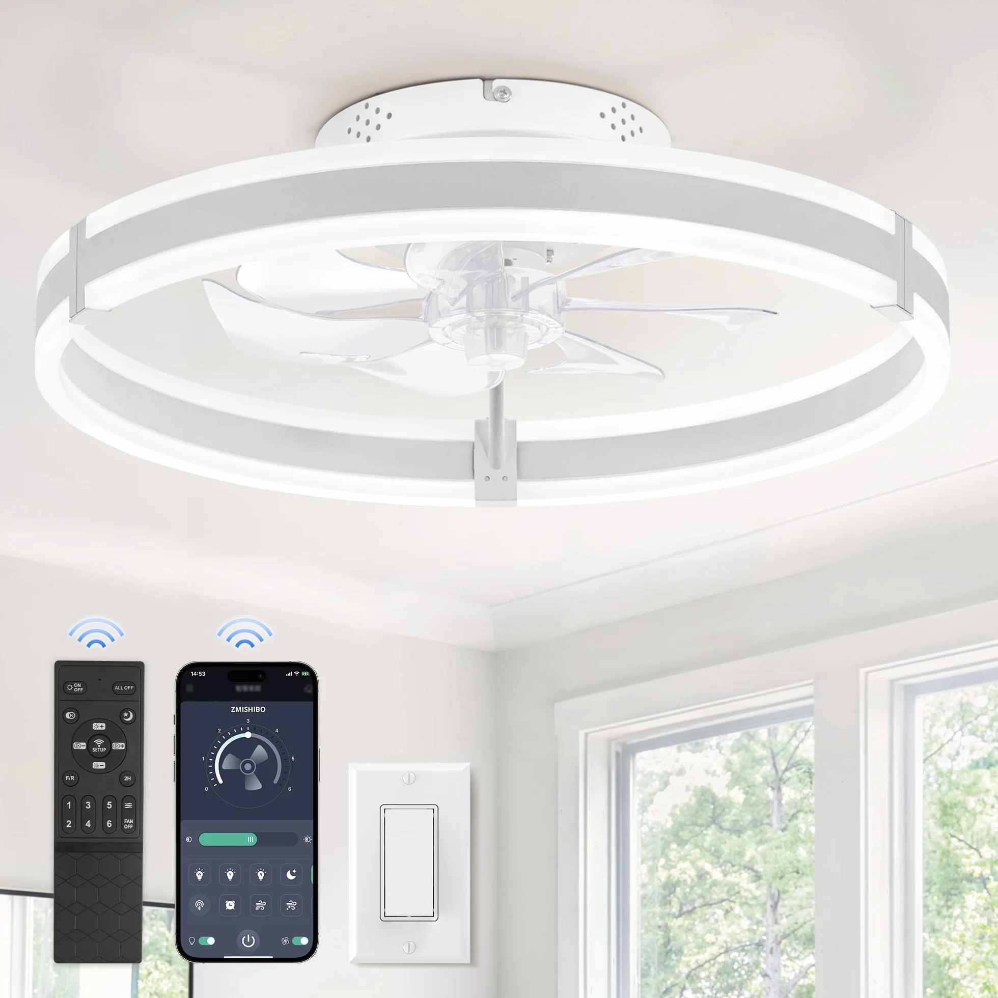 ZMISHIBO Ventilador de Techo con Luz LED Dimmable 50 cm Mando a Distancia 6 Velocidades Silencioso Blanco