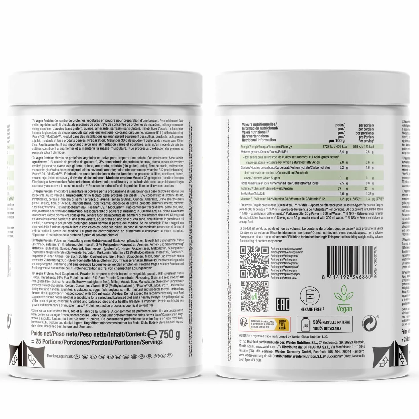 Weider Vegan Protein 750g Vainilla Proteína Vegana 23g Aislada Guisante Arroz Vitamina B12 Stevia Sin Gluten Sin Azúcar