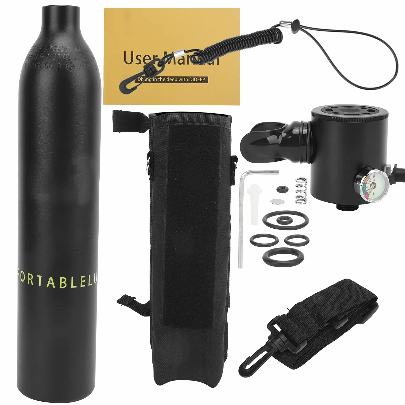 Tanque de Buceo Portátil de 0,5 L Cilindro de Oxígeno Subacuático de Fácil Respiración para Bucear con Bolsa de Almacenamiento y Manómetro Luminoso para Salvavidas