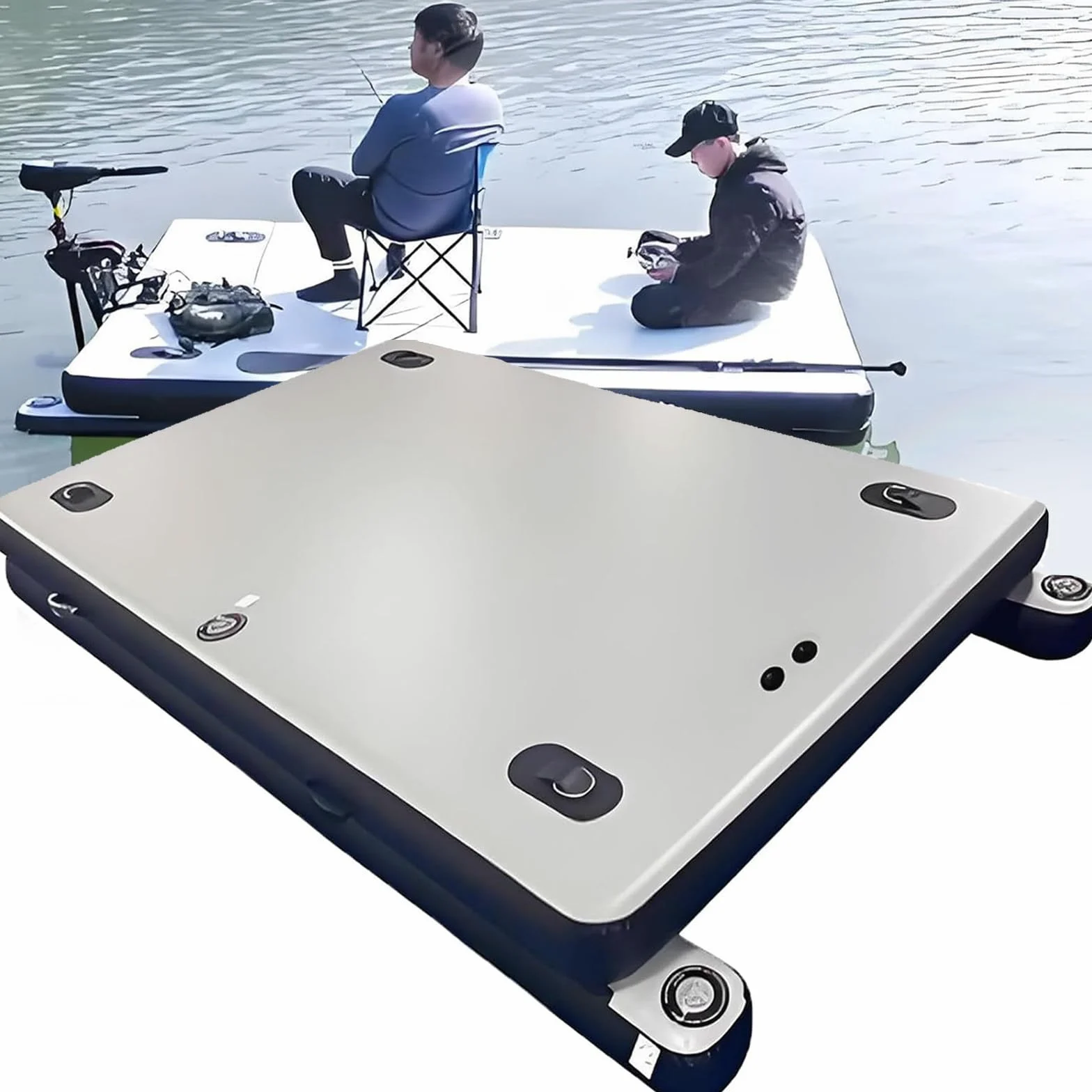 Plataforma Pesca Inflable y Plegable 2 m, con Paredes reforzadas 30 cm y Capacidad 200 kg (440 LB); Plataforma Flotante para Lagos, Ampliable con Soporte para Motor, Kit Completo.