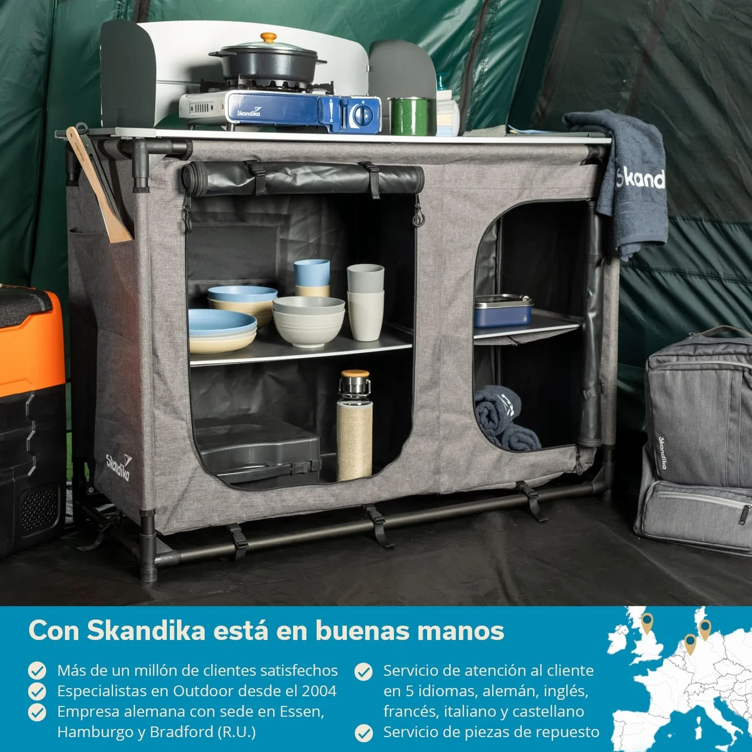 skandika Ruoka Cocina de Camping | Armario de Camping con Marco de Aluminio, Protector contra Viento y Salpicaduras Desmontable, Fregadero, Compartimentos de Almacenamiento, Bolsa de Transporte
